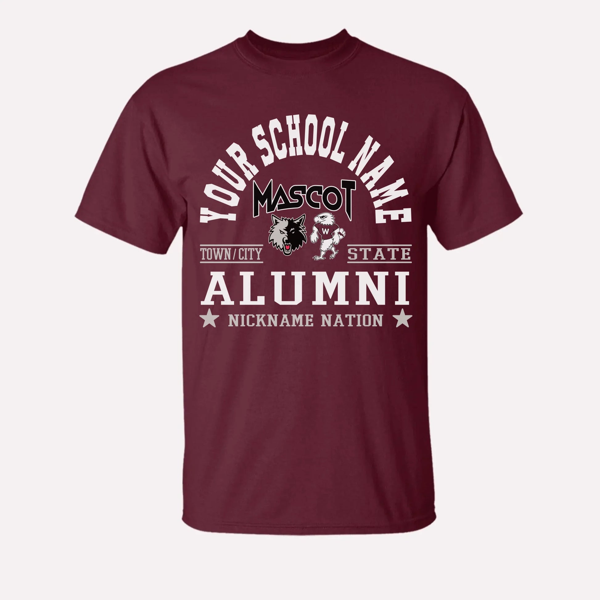 A royal blue custom alumni t-shirt with a personalized "School Nation" design, a great gift for class reunions.