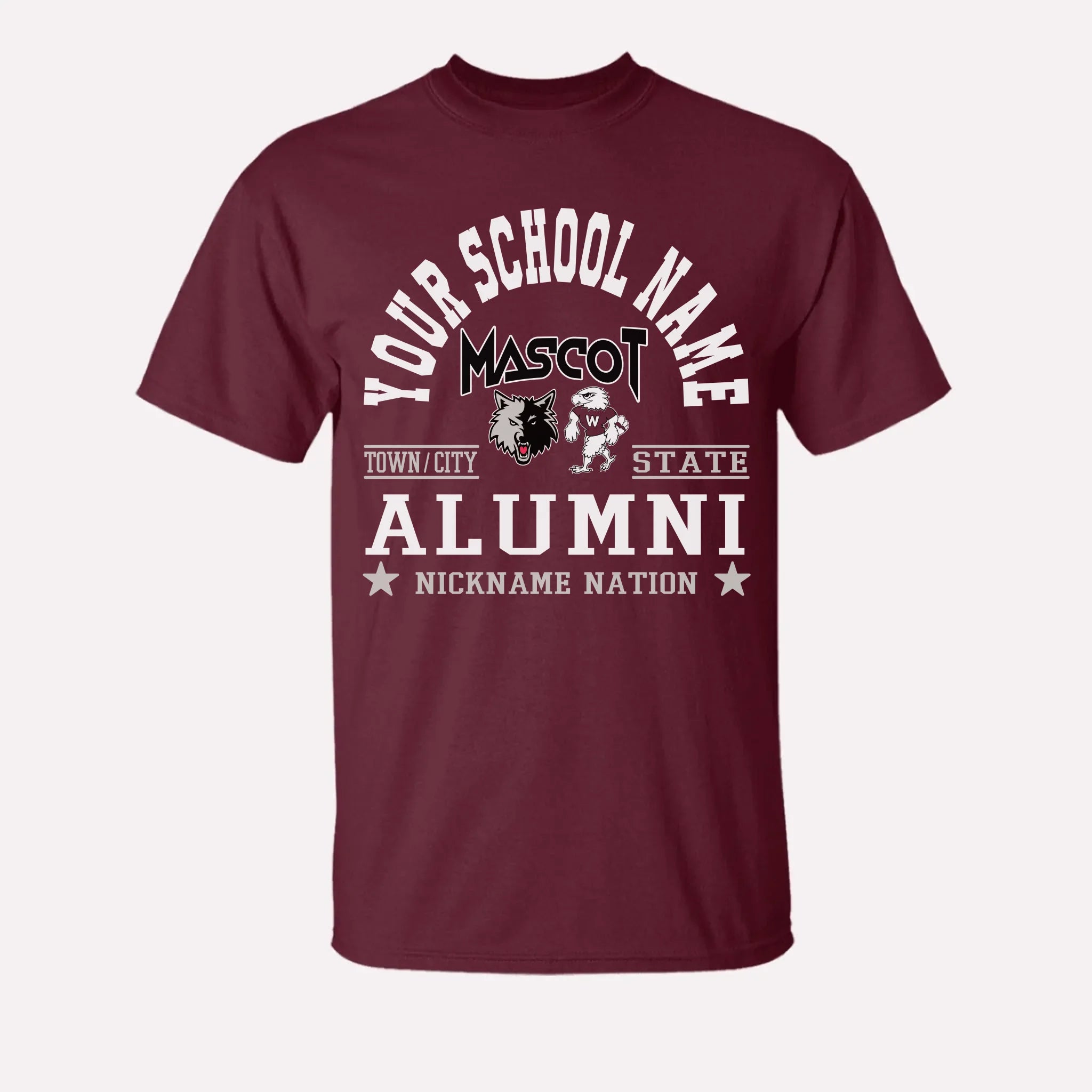 A royal blue custom alumni t-shirt with a personalized "School Nation" design, a great gift for class reunions.