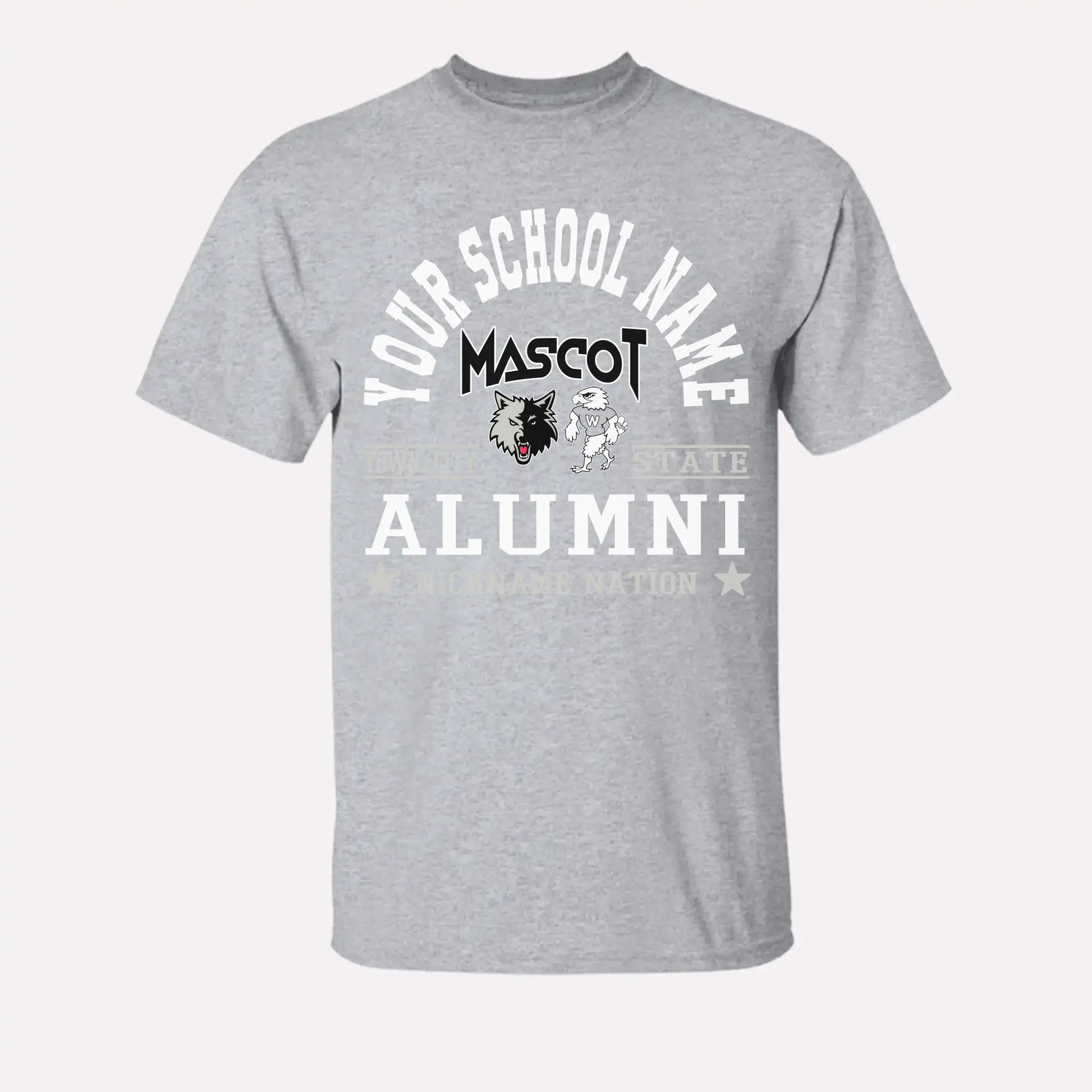 A royal blue custom alumni t-shirt with a personalized "School Nation" design, a great gift for class reunions.