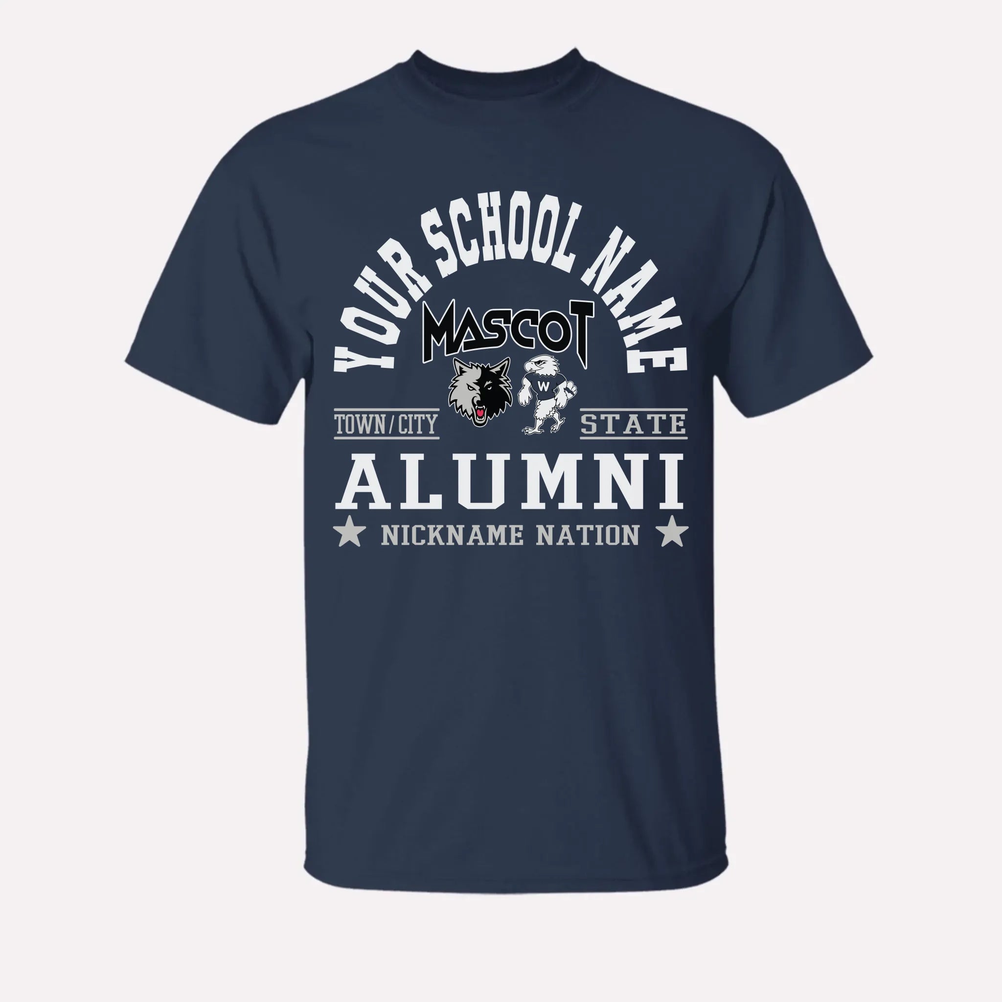 A royal blue custom alumni t-shirt with a personalized "School Nation" design, a great gift for class reunions.