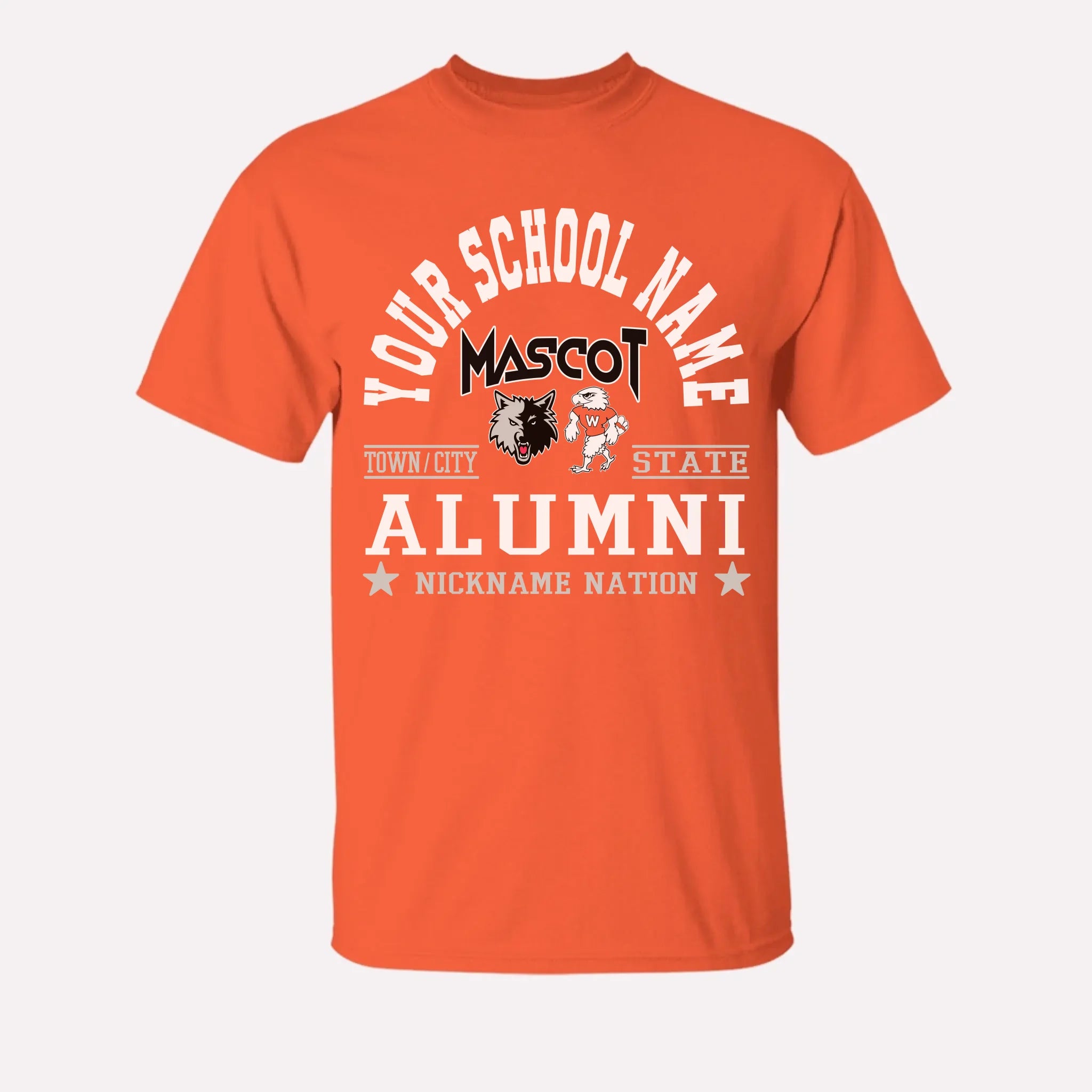A royal blue custom alumni t-shirt with a personalized "School Nation" design, a great gift for class reunions.