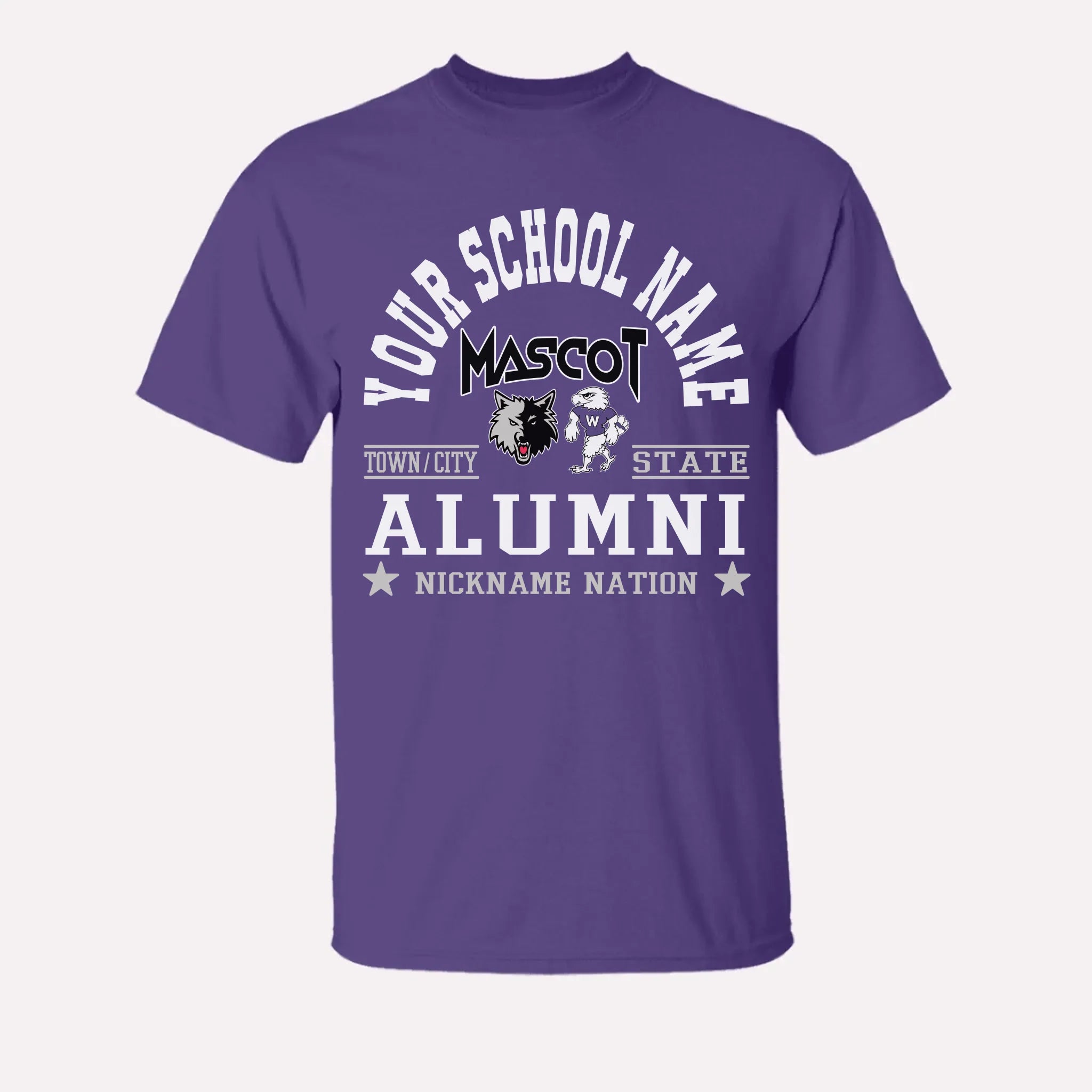 A royal blue custom alumni t-shirt with a personalized "School Nation" design, a great gift for class reunions.