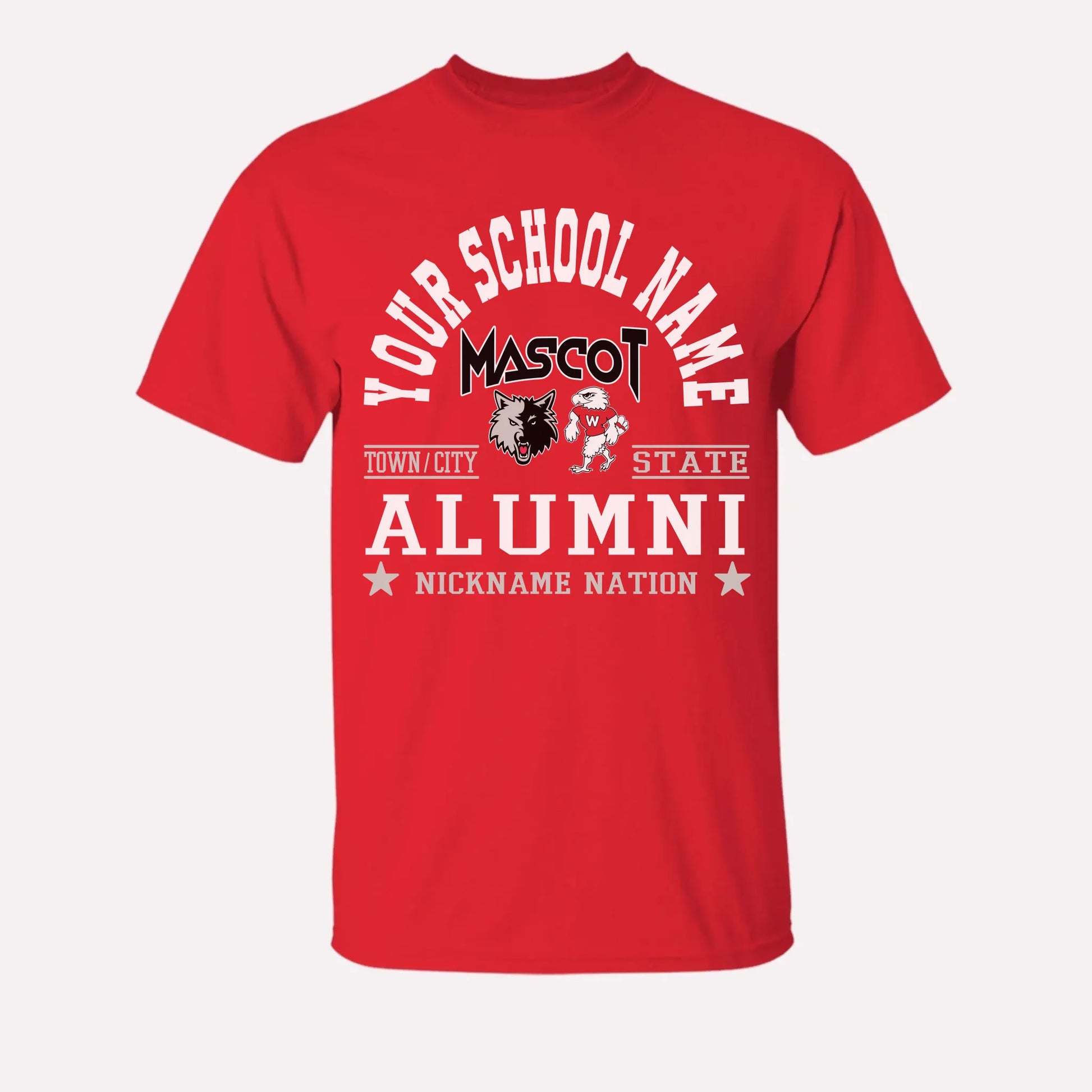 A royal blue custom alumni t-shirt with a personalized "School Nation" design, a great gift for class reunions.