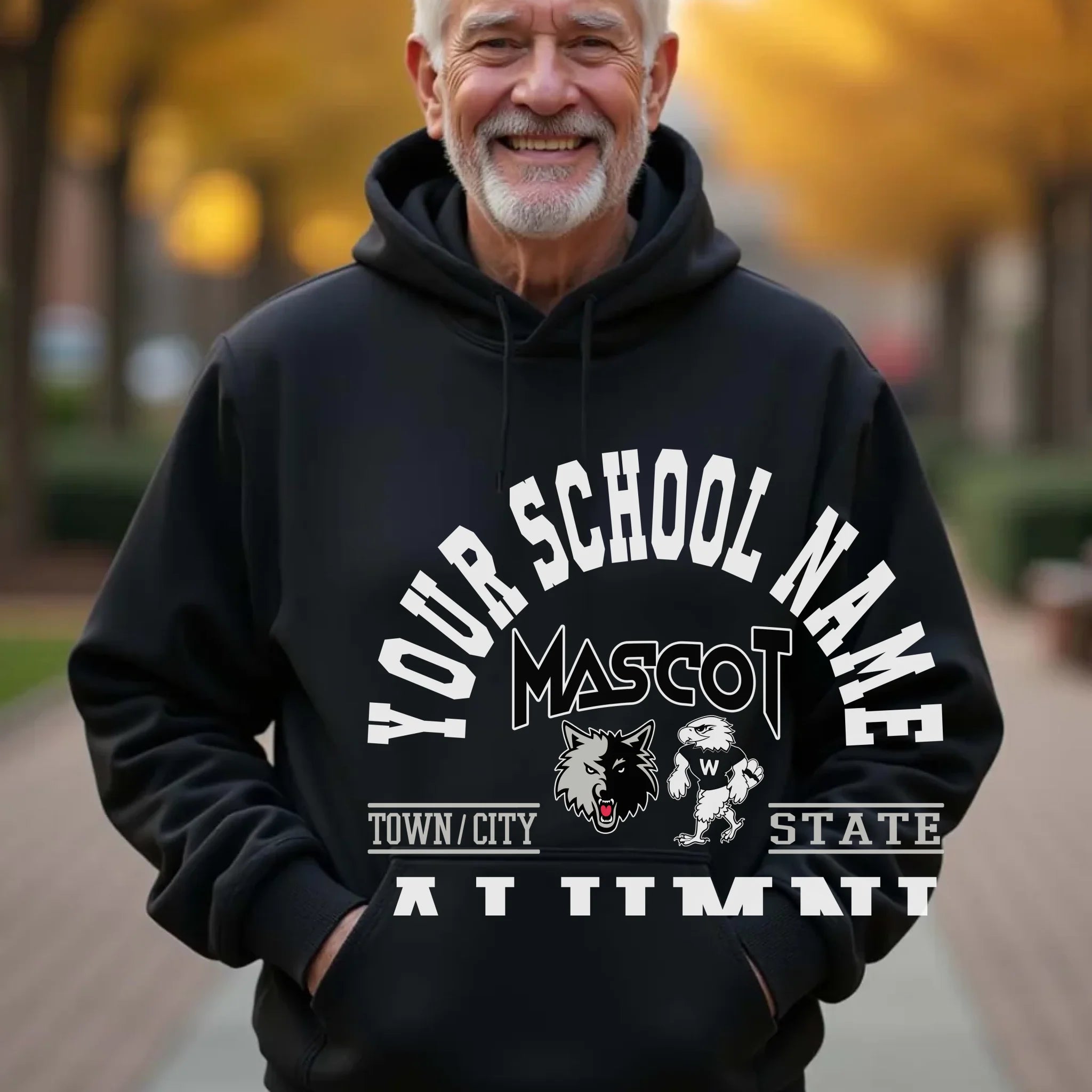A male alumnus wearing a brown personalized "School Nation" hooded sweatshirt, a perfect piece of college apparel.