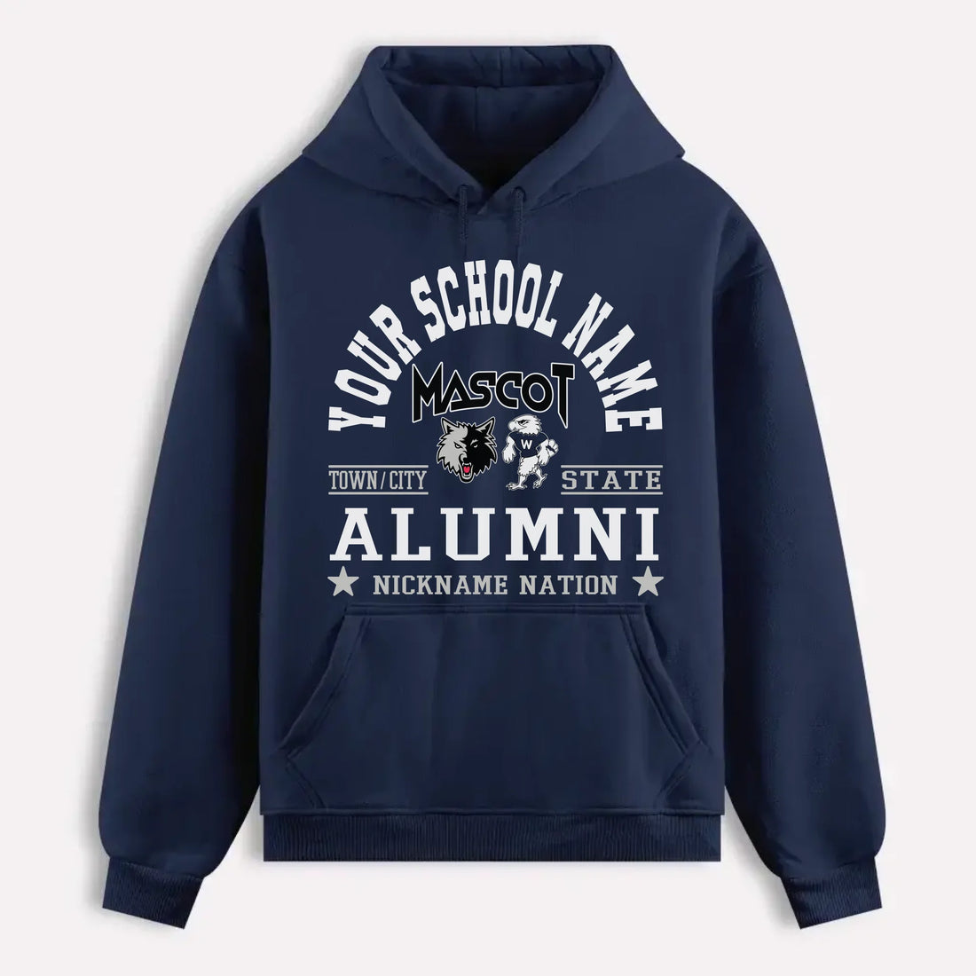 A navy blue custom alumni hoodie with a personalized "School Nation" design, a perfect gift for class reunions.