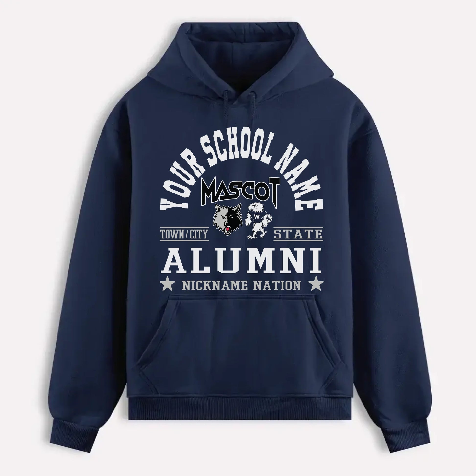 A navy blue custom alumni hoodie with a personalized "School Nation" design, a perfect gift for class reunions.