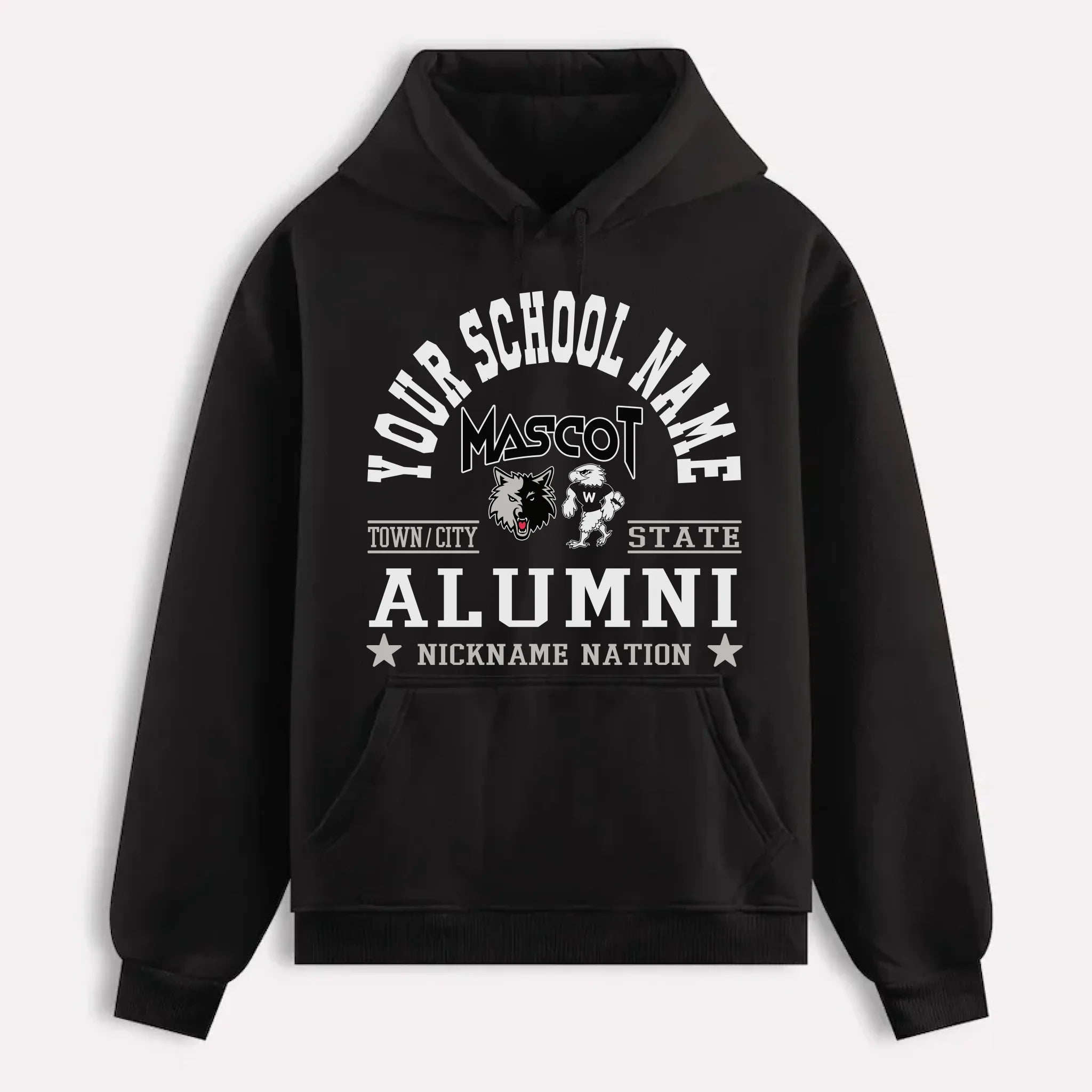 A navy blue custom alumni hoodie with a personalized "School Nation" design, a perfect gift for class reunions.
