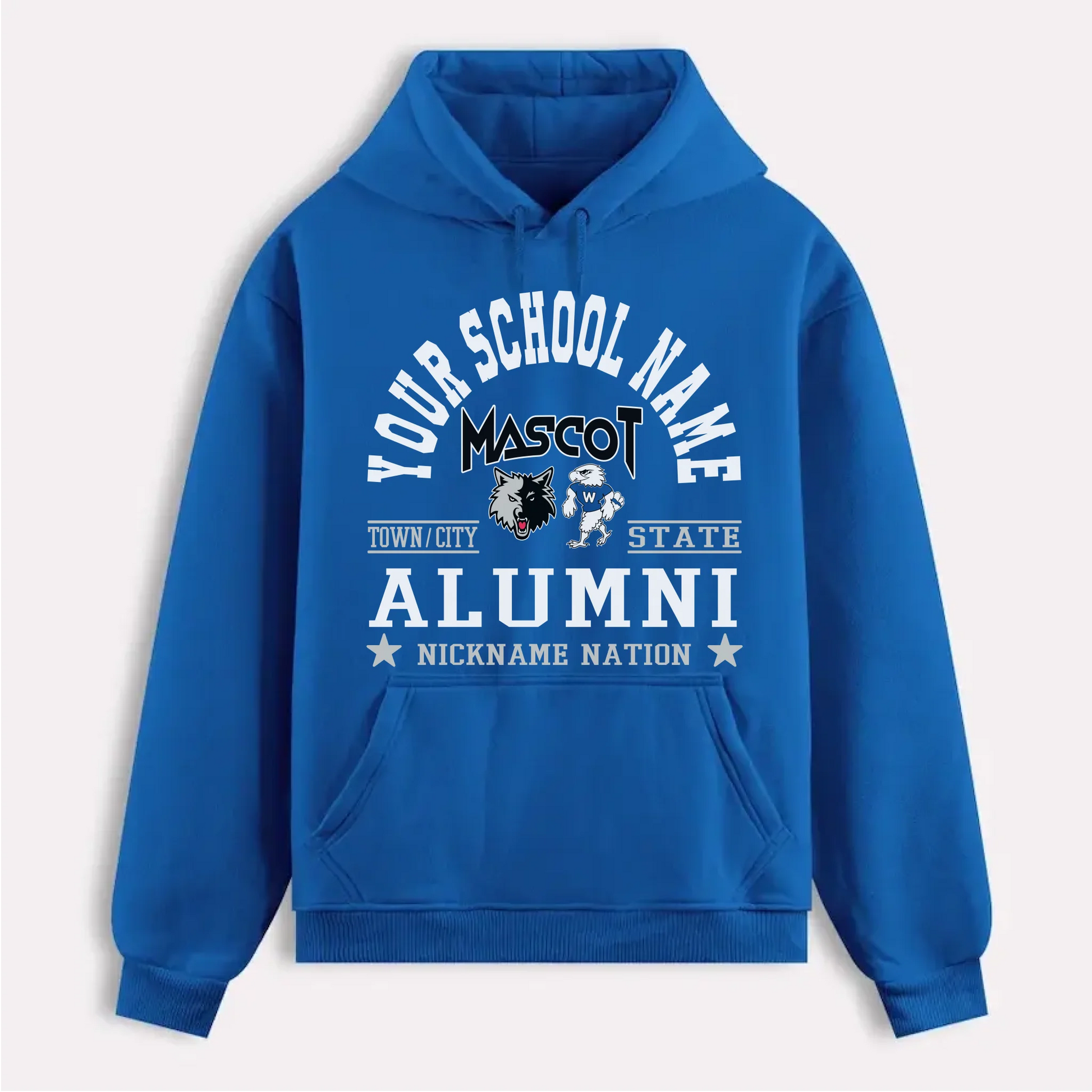 A navy blue custom alumni hoodie with a personalized "School Nation" design, a perfect gift for class reunions.