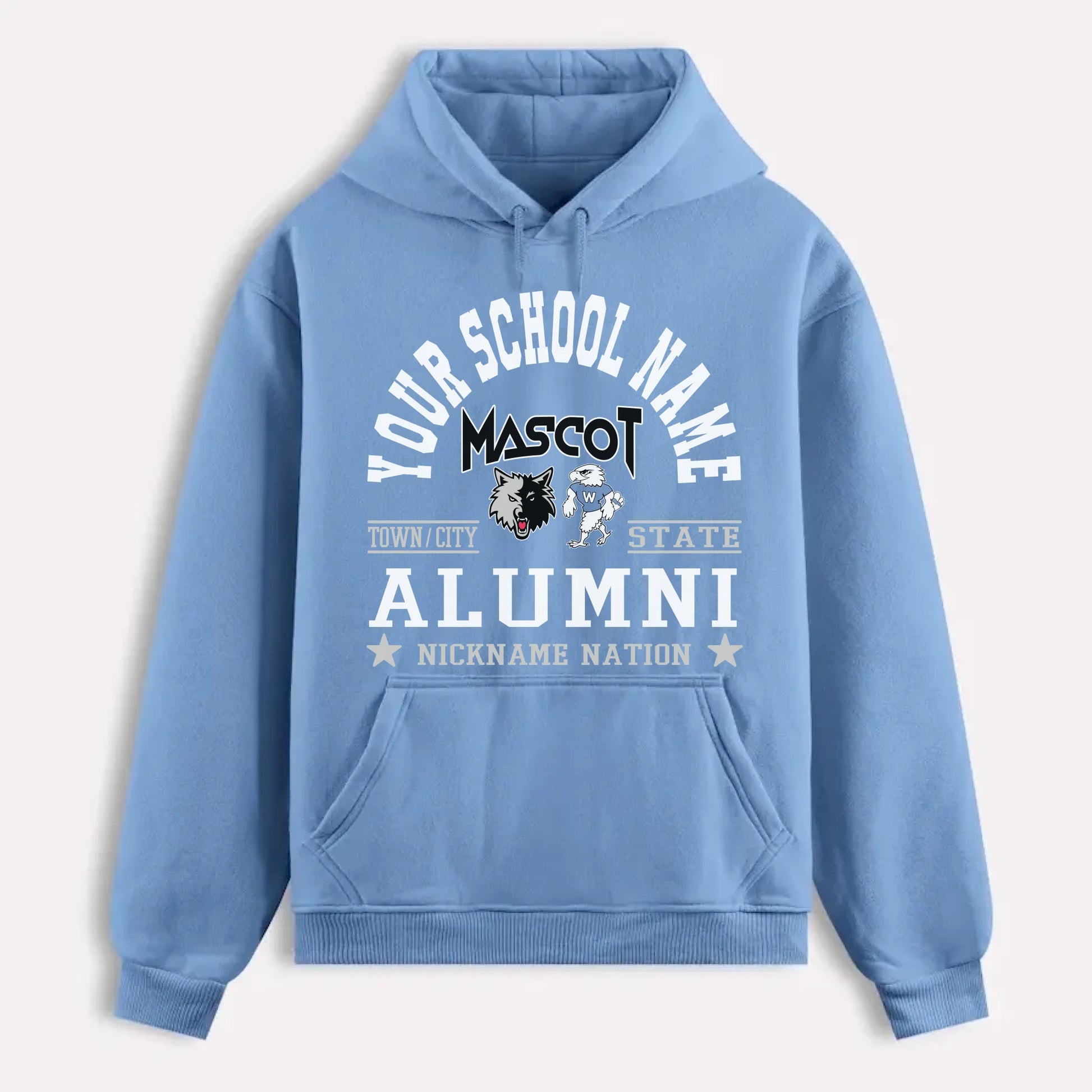 A navy blue custom alumni hoodie with a personalized "School Nation" design, a perfect gift for class reunions.