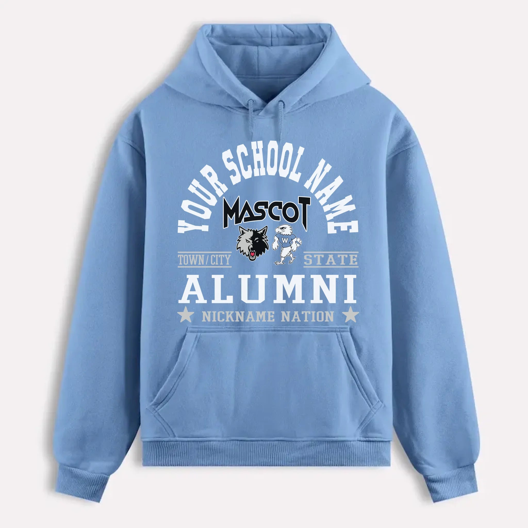 A navy blue custom alumni hoodie with a personalized "School Nation" design, a perfect gift for class reunions.