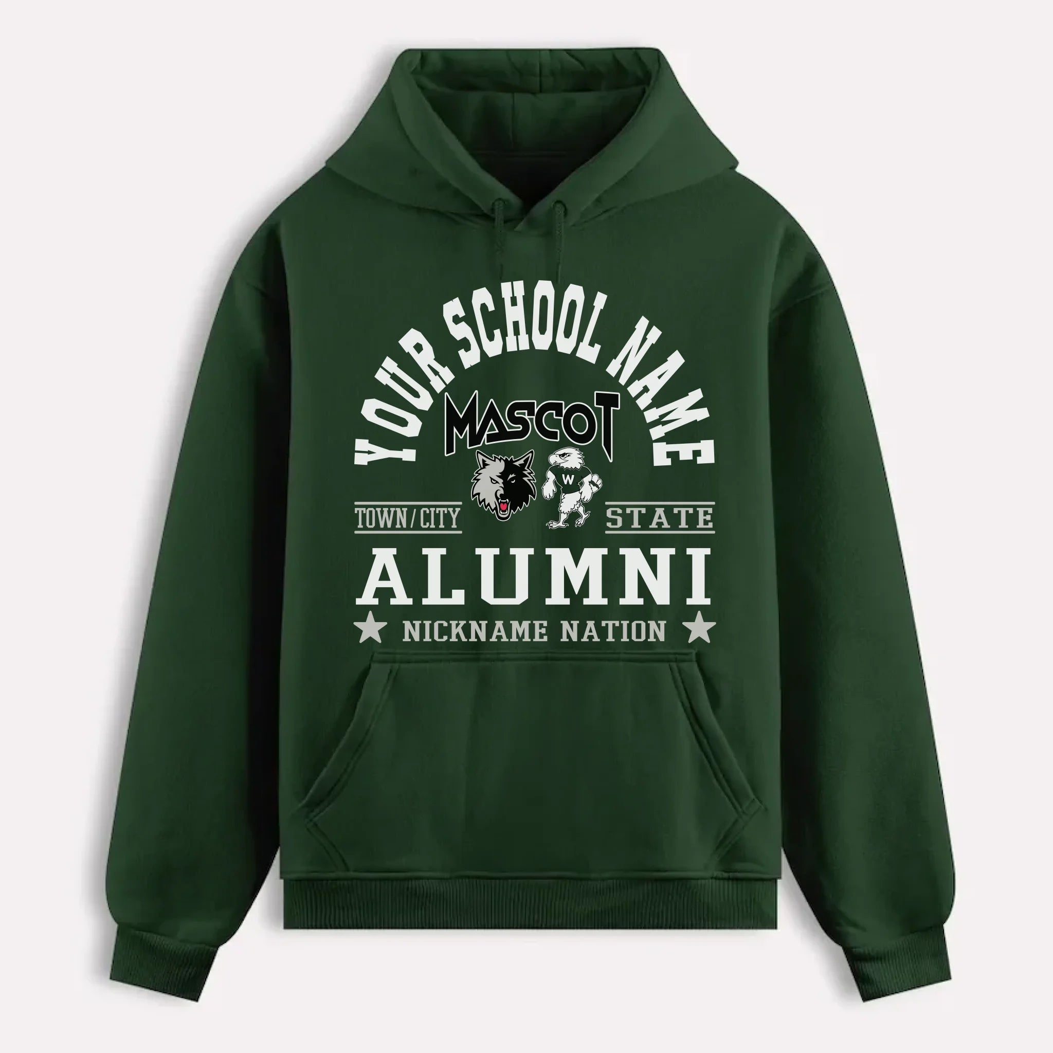 A navy blue custom alumni hoodie with a personalized "School Nation" design, a perfect gift for class reunions.