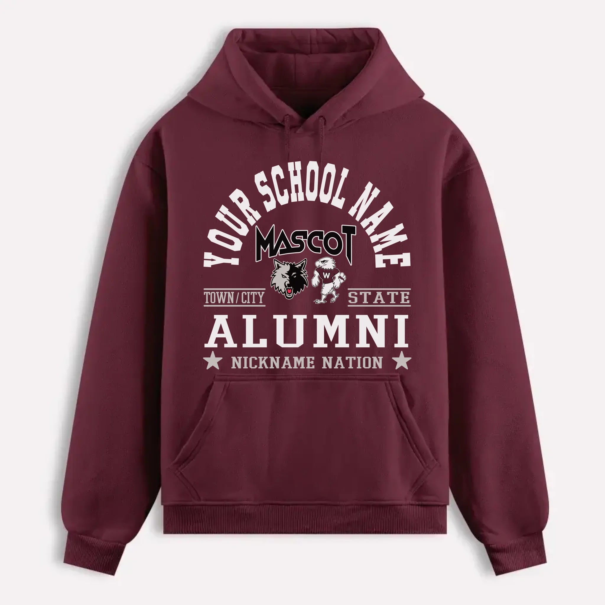 A navy blue custom alumni hoodie with a personalized "School Nation" design, a perfect gift for class reunions.