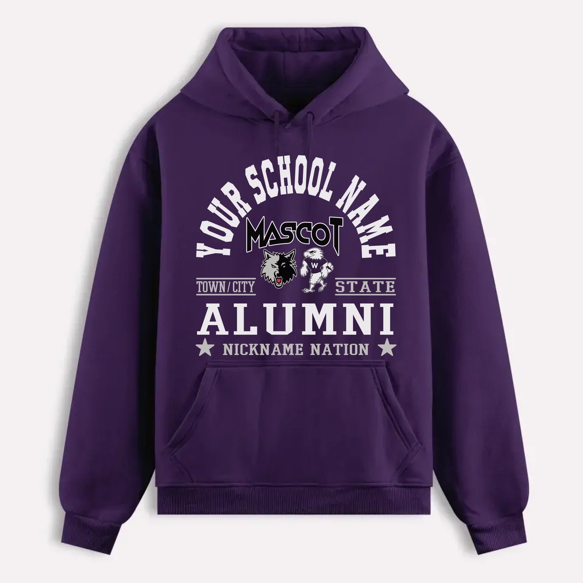 A navy blue custom alumni hoodie with a personalized "School Nation" design, a perfect gift for class reunions.
