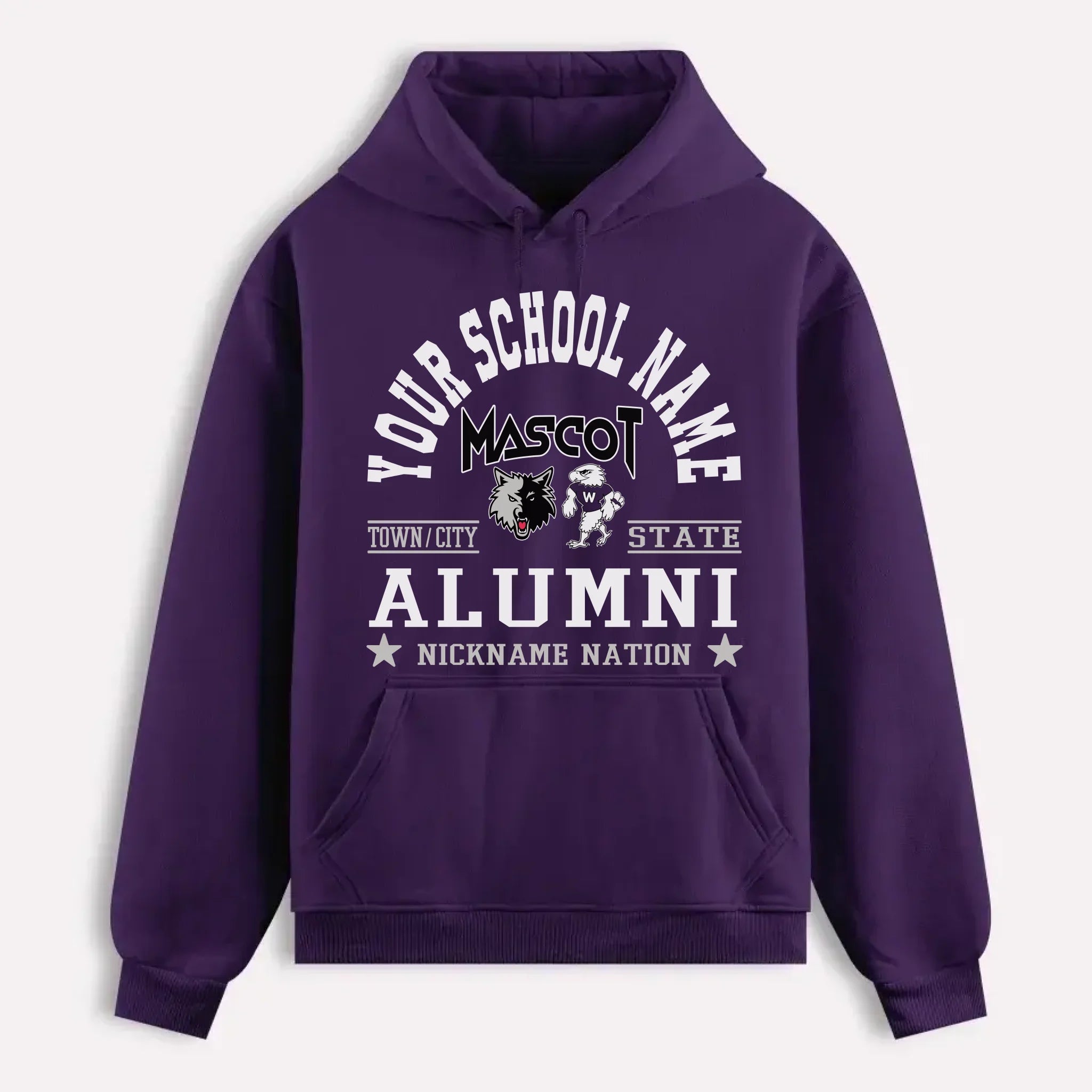A navy blue custom alumni hoodie with a personalized "School Nation" design, a perfect gift for class reunions.
