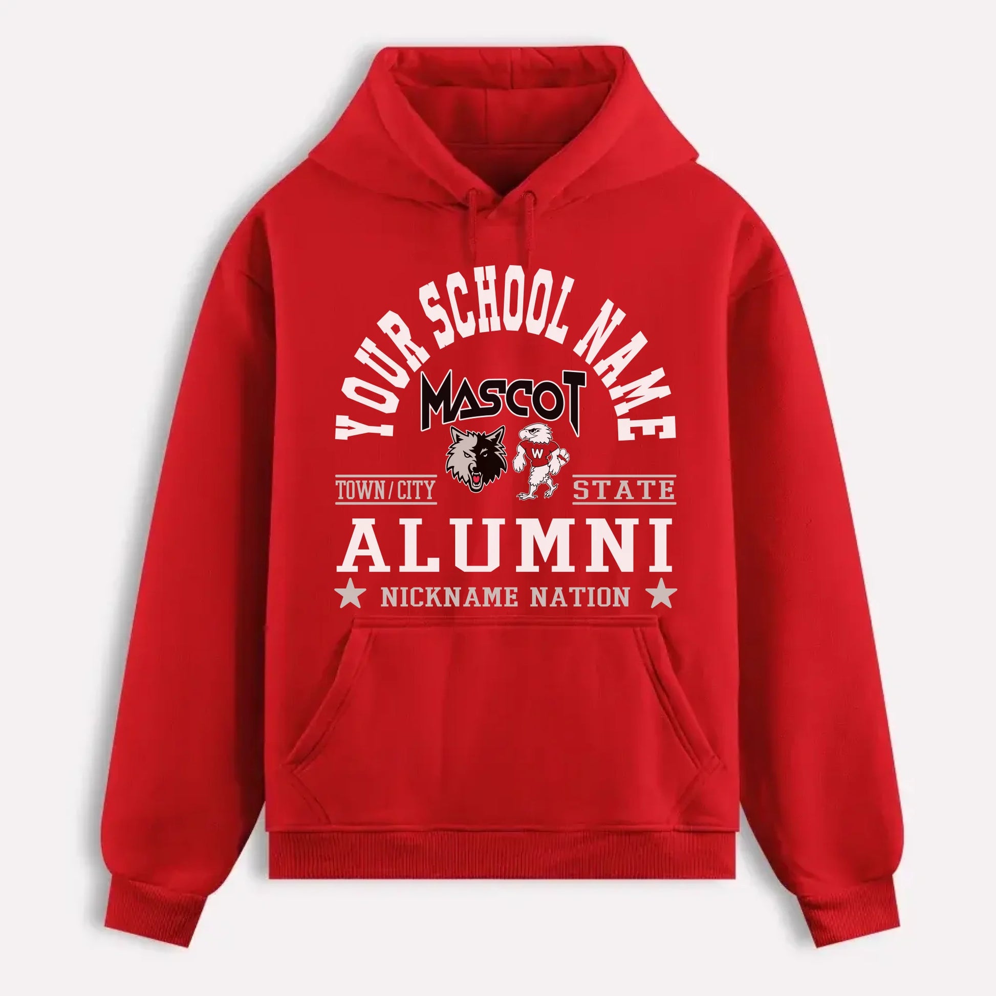 A navy blue custom alumni hoodie with a personalized "School Nation" design, a perfect gift for class reunions.