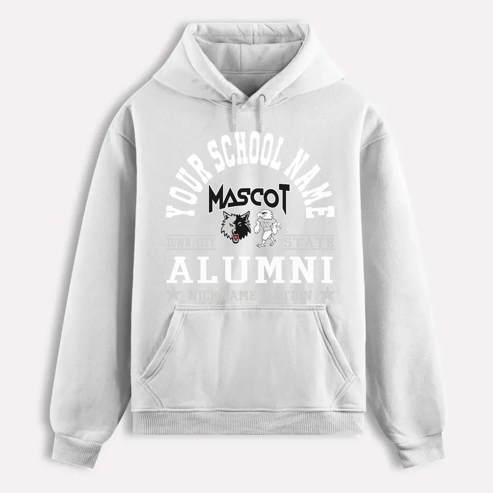 A navy blue custom alumni hoodie with a personalized "School Nation" design, a perfect gift for class reunions.