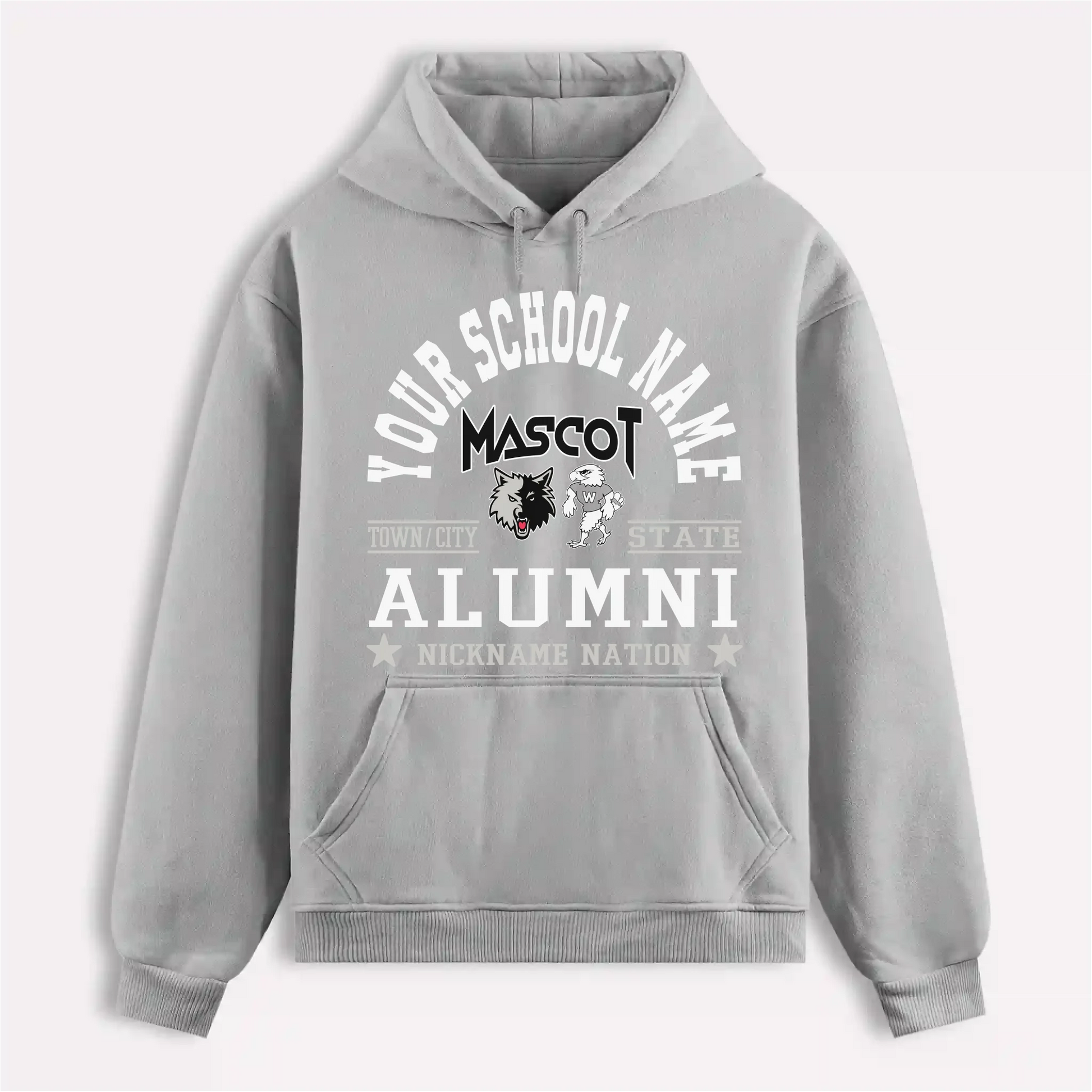 A navy blue custom alumni hoodie with a personalized "School Nation" design, a perfect gift for class reunions.
