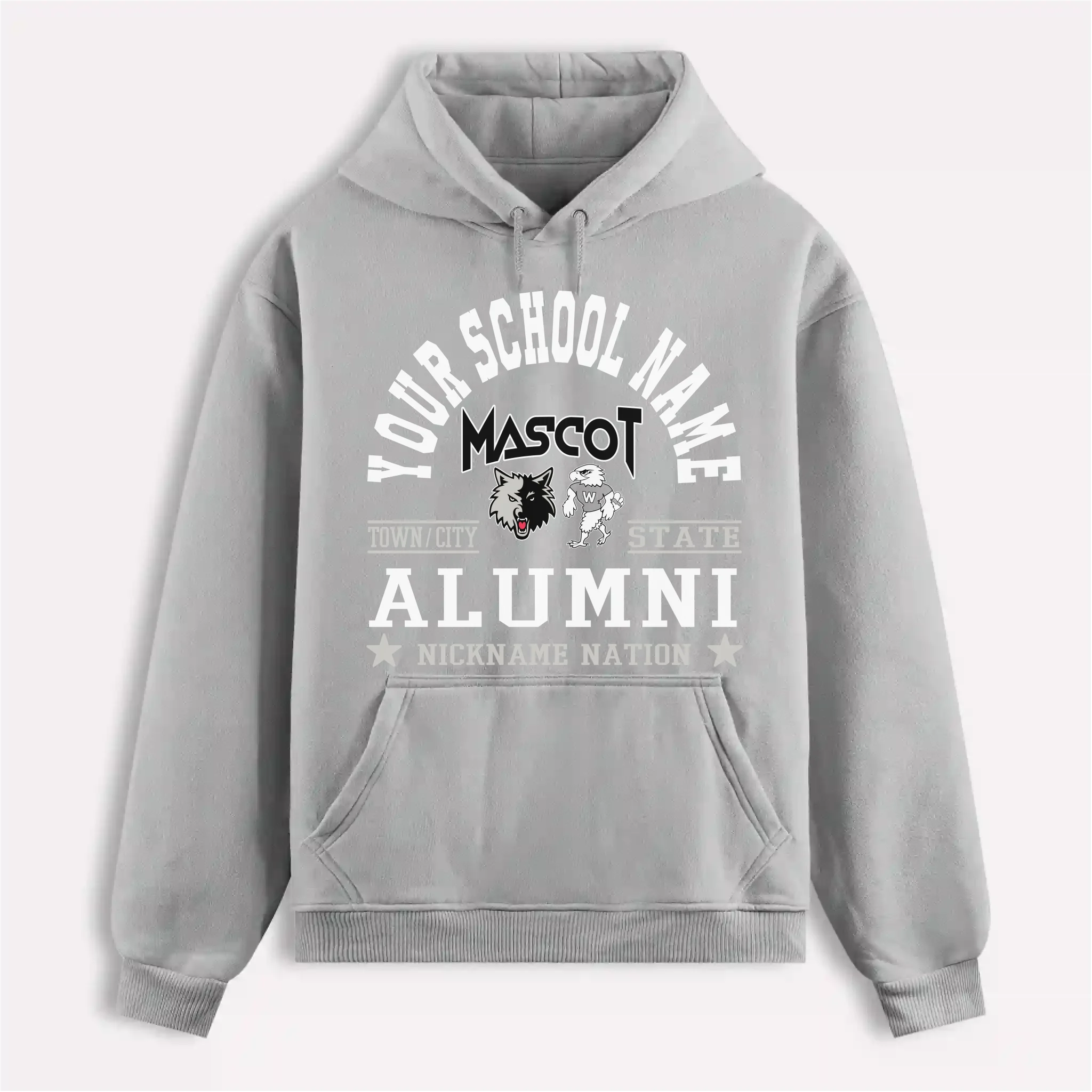 A navy blue custom alumni hoodie with a personalized "School Nation" design, a perfect gift for class reunions.