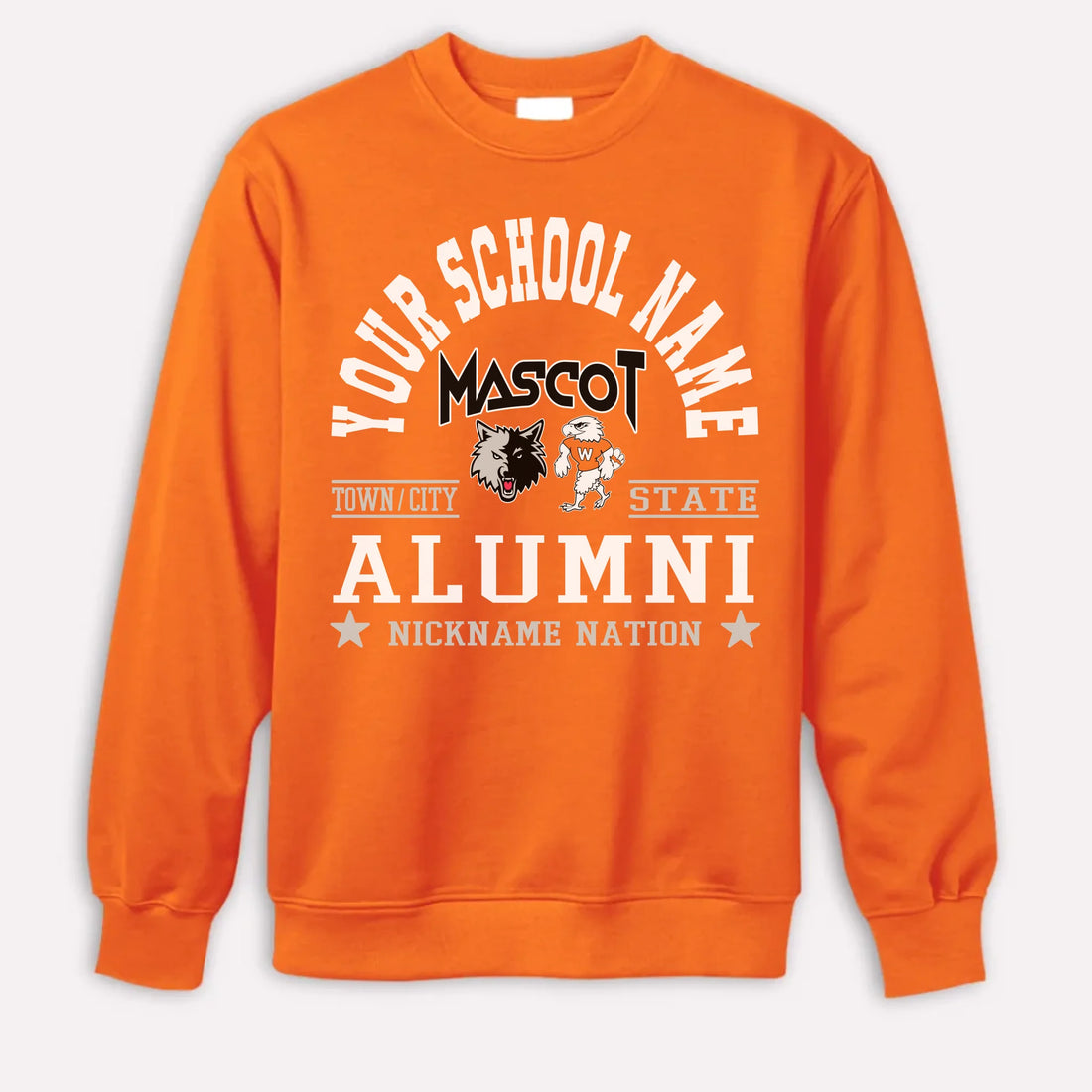 An orange custom alumni sweatshirt with a personalized "School Nation" design, a great gift for class reunions.