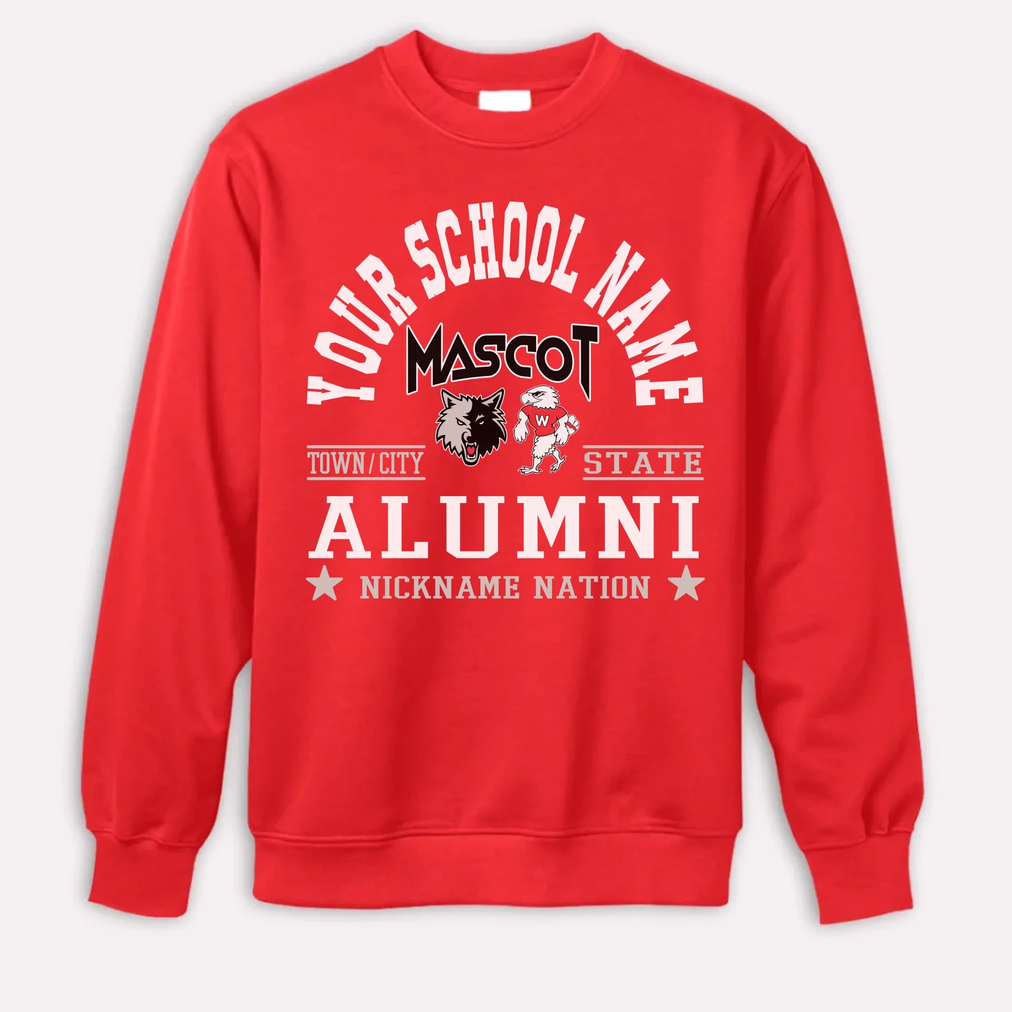 An orange custom alumni sweatshirt with a personalized "School Nation" design, a great gift for class reunions.