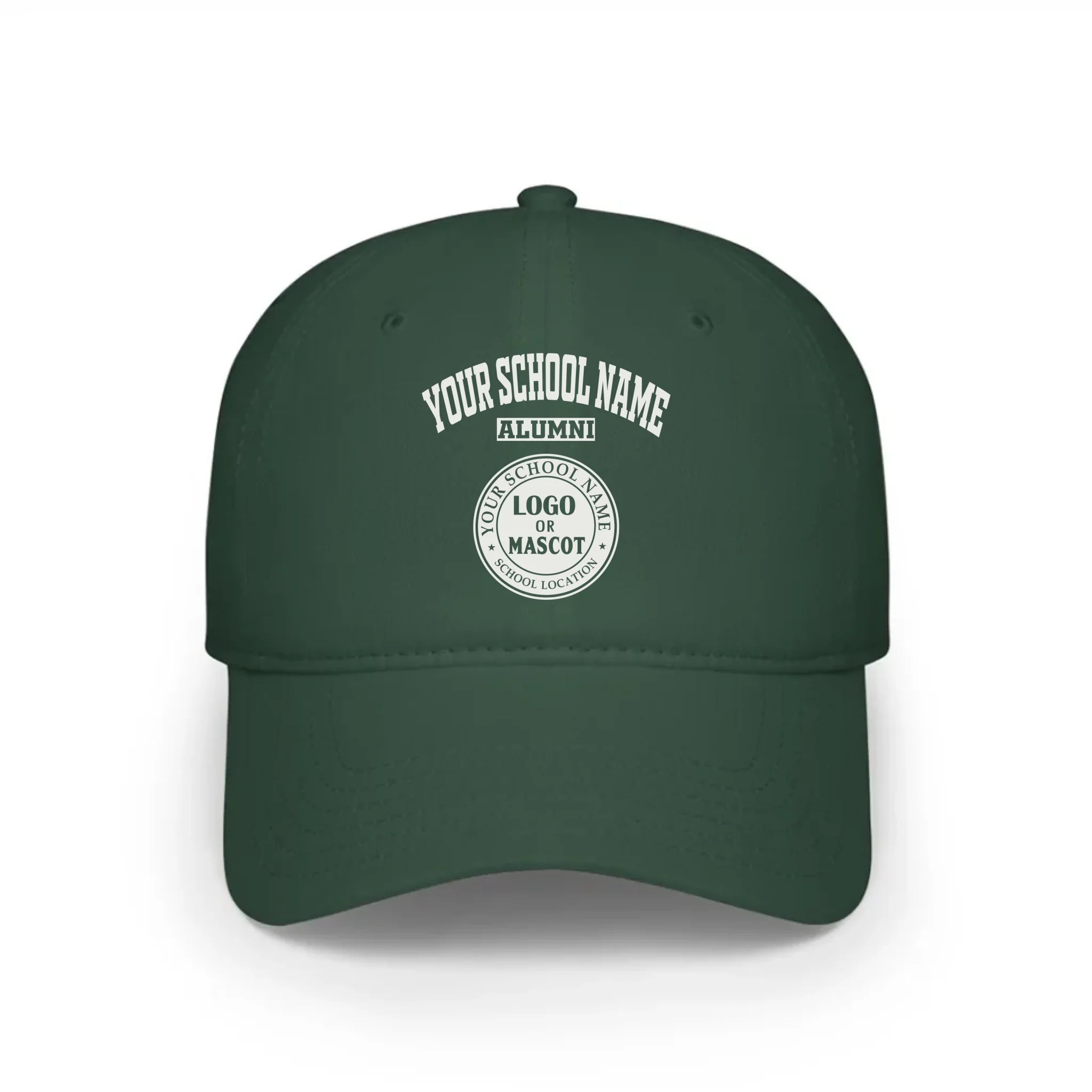 A forest green baseball cap, a classic piece of college apparel for alumni, featuring a custom school logo.