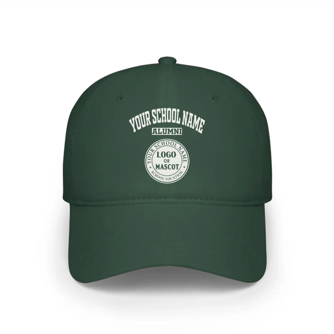 A forest green baseball cap, a classic piece of college apparel for alumni, featuring a custom school logo.