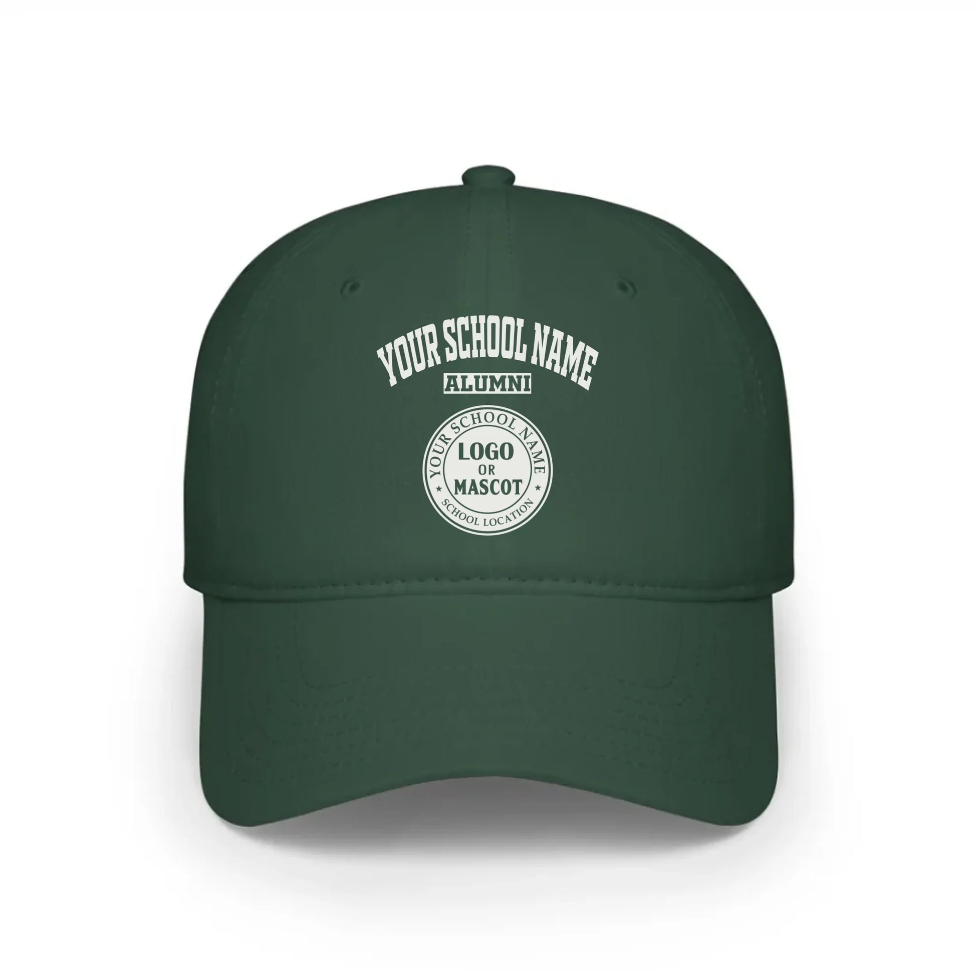 A forest green baseball cap, a classic piece of college apparel for alumni, featuring a custom school logo.