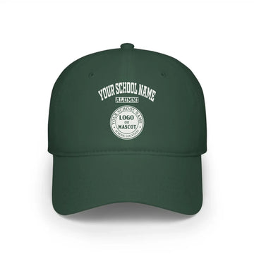 A forest green baseball cap, a classic piece of college apparel for alumni, featuring a custom school logo.