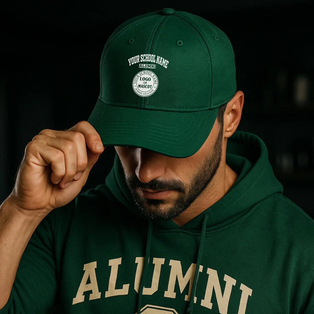 A forest green baseball cap, a classic piece of college apparel for alumni, featuring a custom school logo.