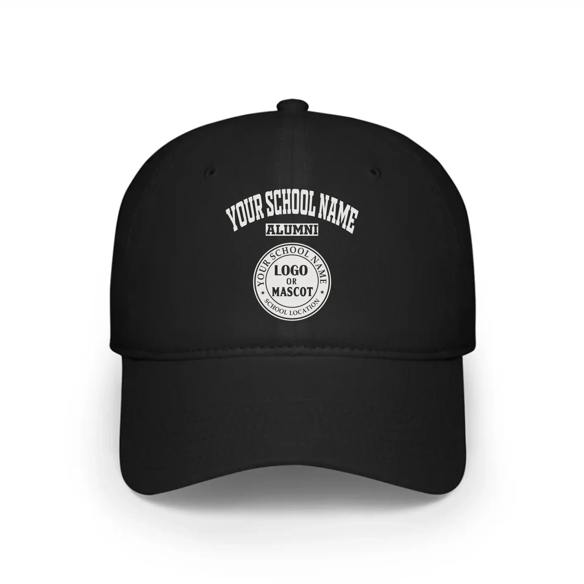 A black baseball cap, a classic piece of college apparel for alumni, featuring a custom school logo.