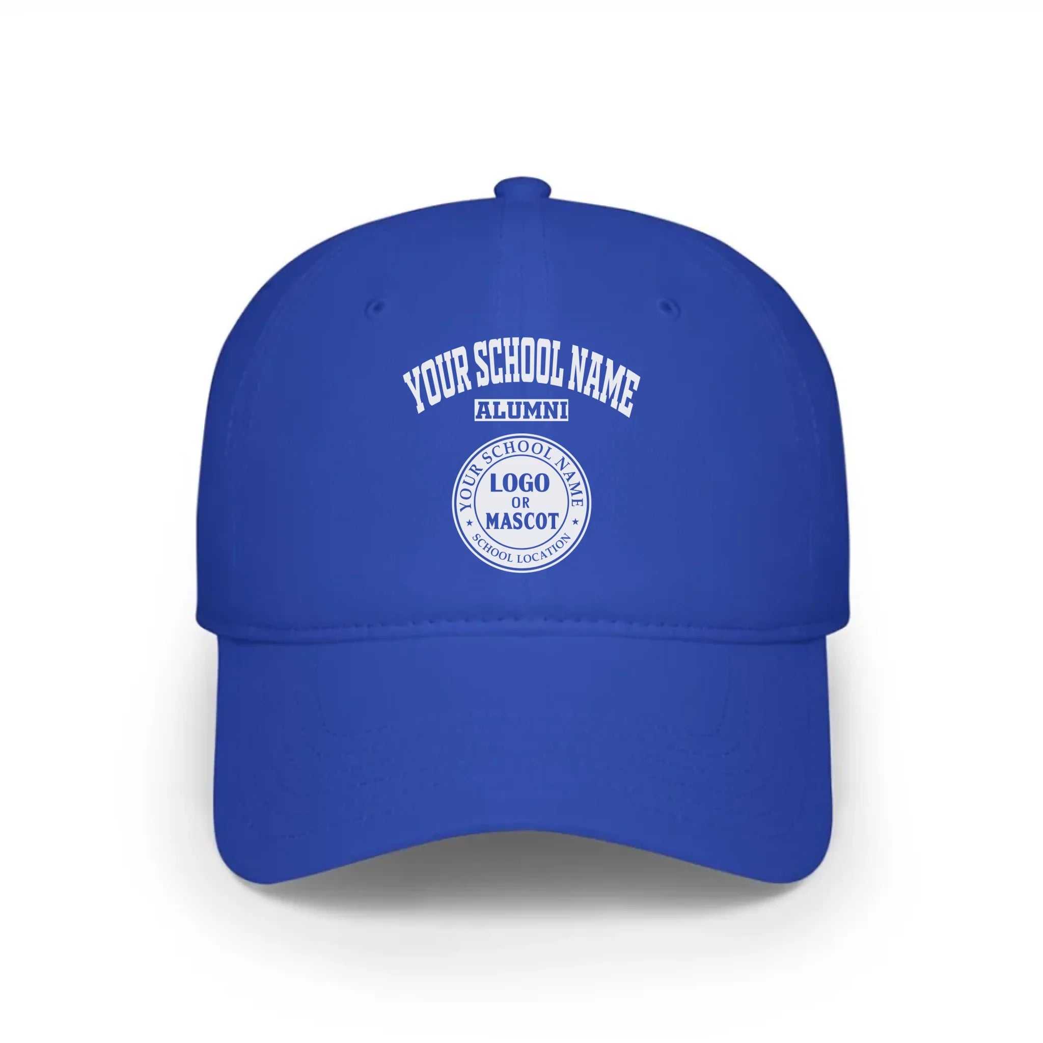A royal blue baseball cap, a classic piece of college apparel for alumni, featuring a custom school logo.