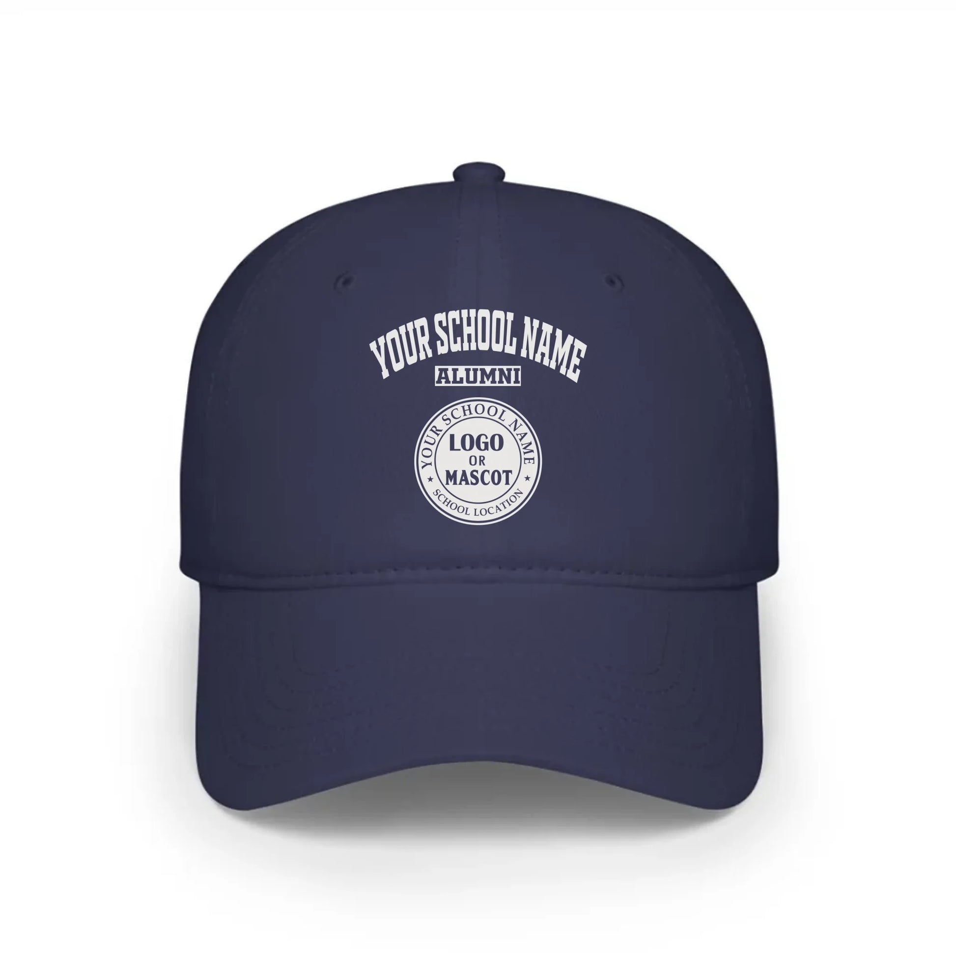 A navy baseball cap, a classic piece of college apparel for alumni, featuring a custom school logo.