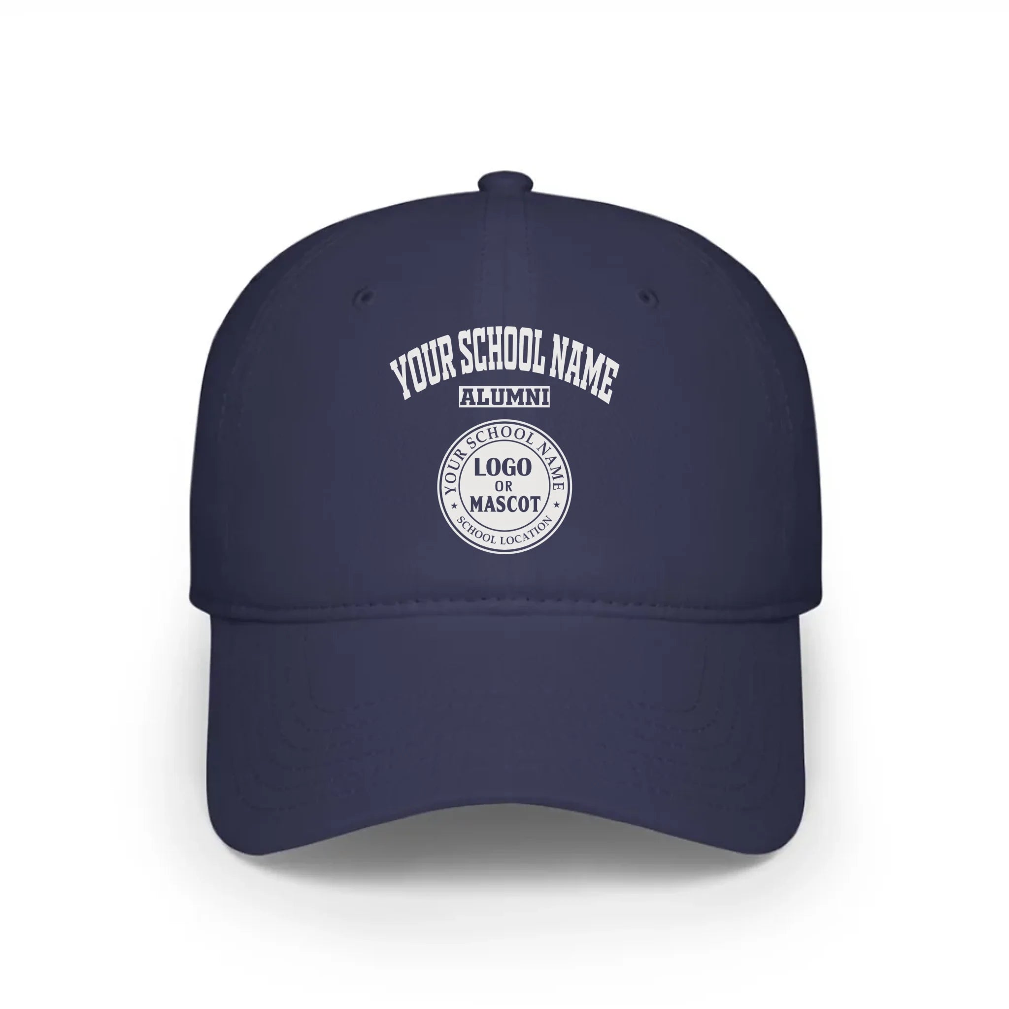 A navy baseball cap, a classic piece of college apparel for alumni, featuring a custom school logo.