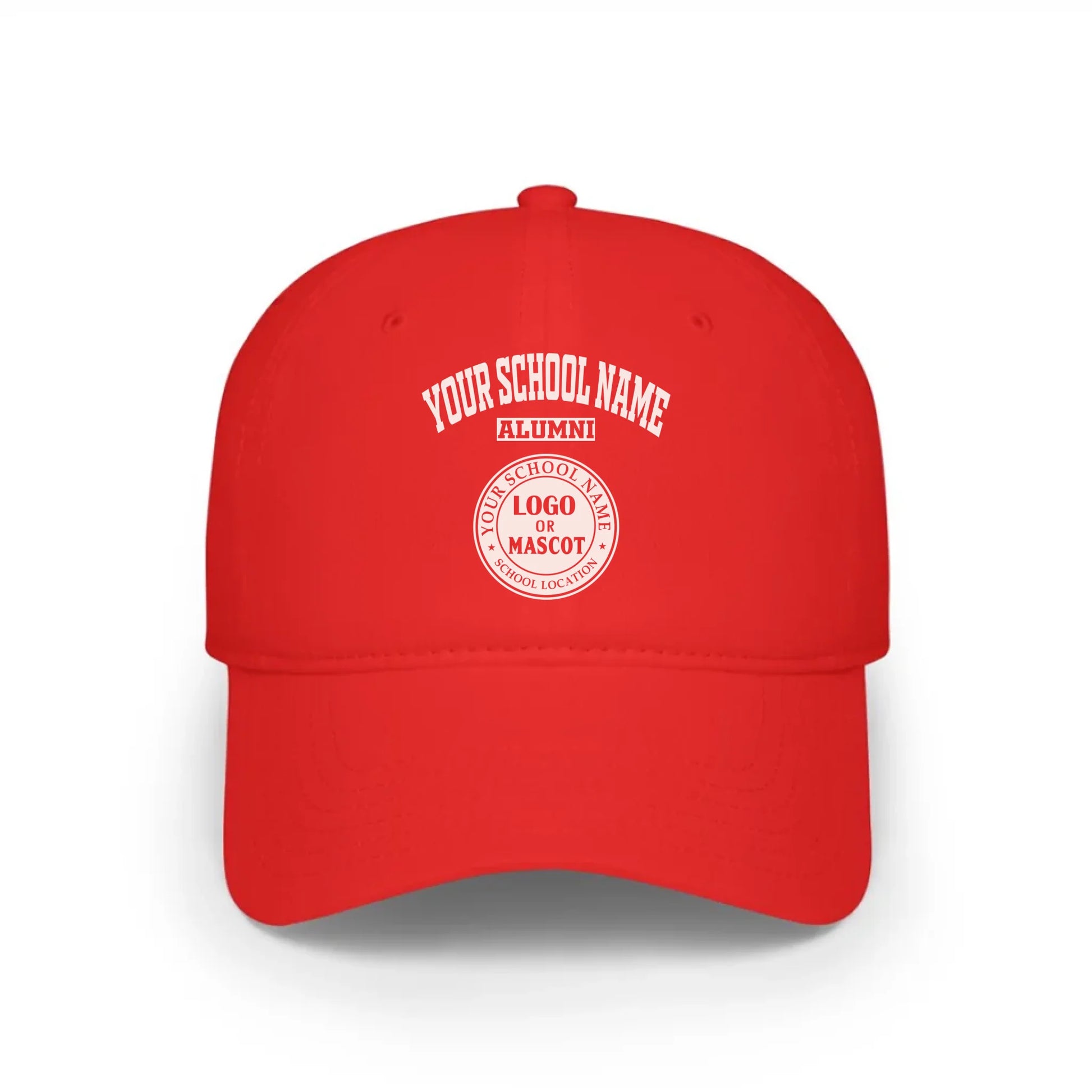 A red baseball cap, a classic piece of college apparel for alumni, featuring a custom school logo.
