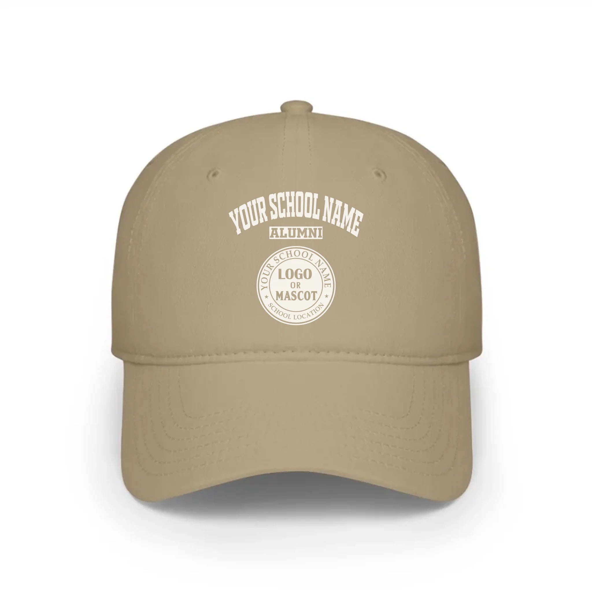 A khaki baseball cap, a classic piece of college apparel for alumni, featuring a custom school logo.