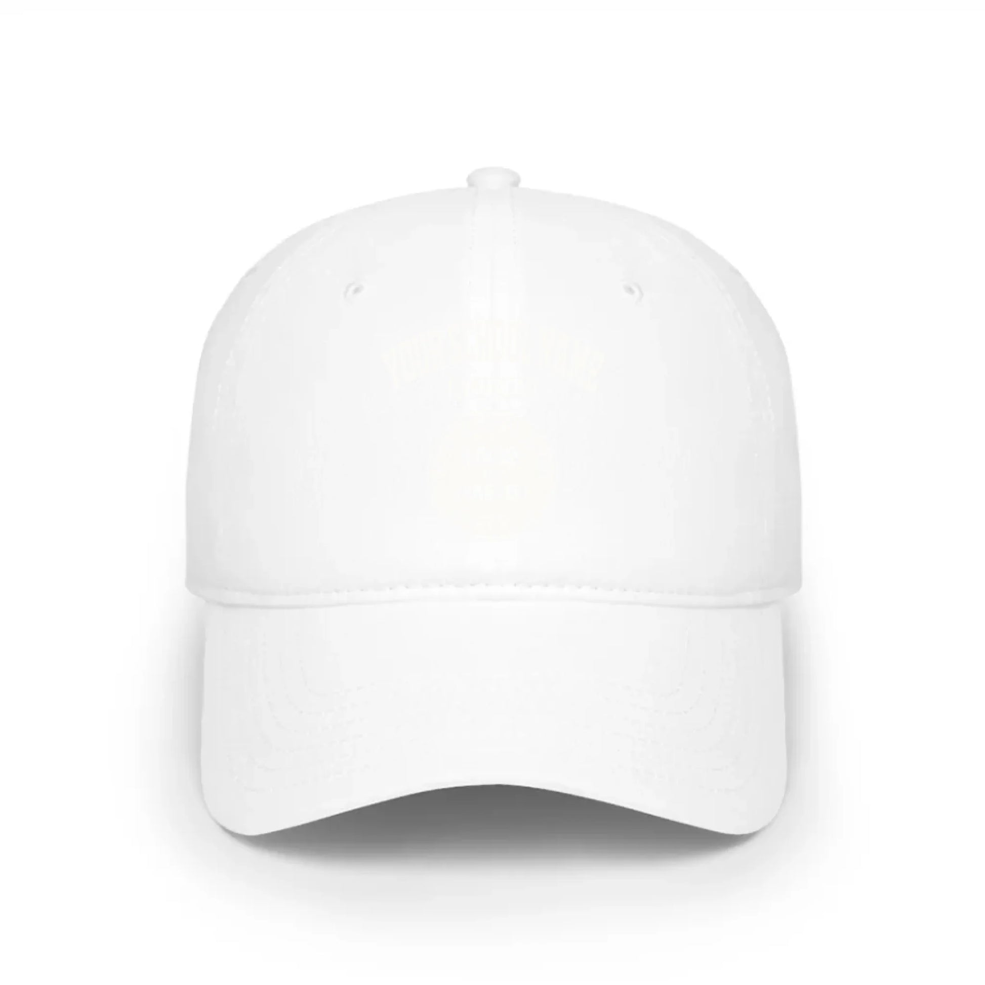 A white baseball cap, a classic piece of college apparel for alumni, featuring a custom school logo.