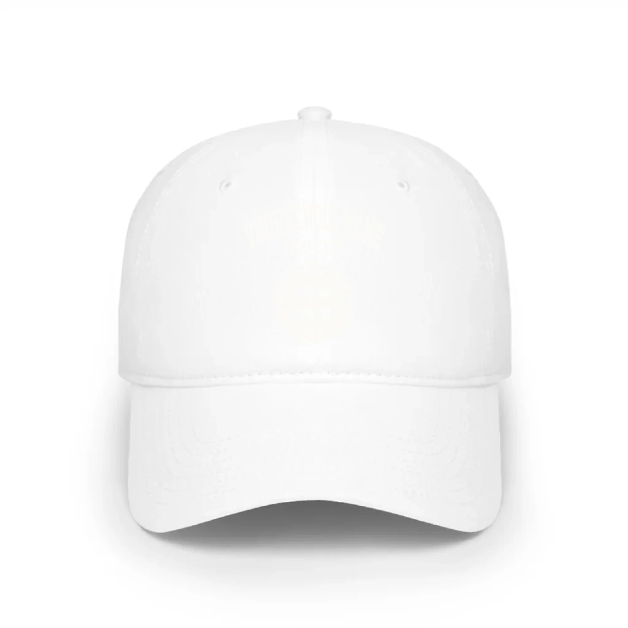 A white baseball cap, a classic piece of college apparel for alumni, featuring a custom school logo.