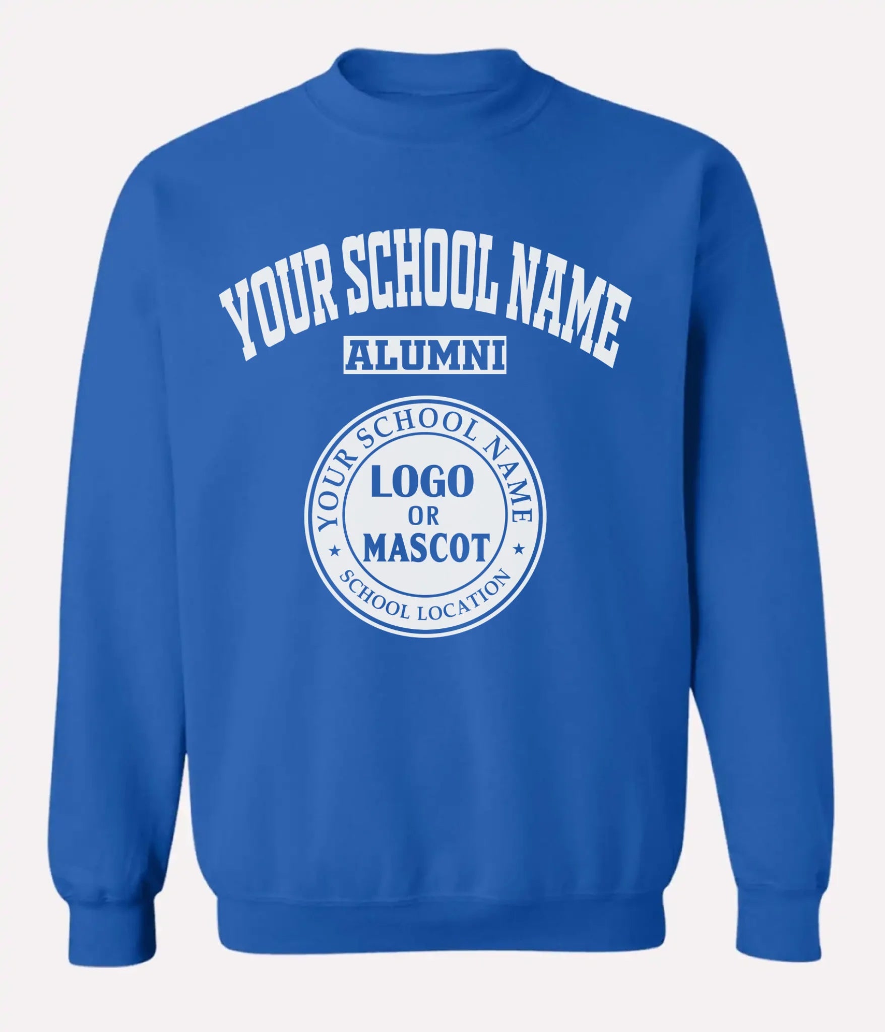 Royal blue custom college sweatshirt for graduates and alumni
