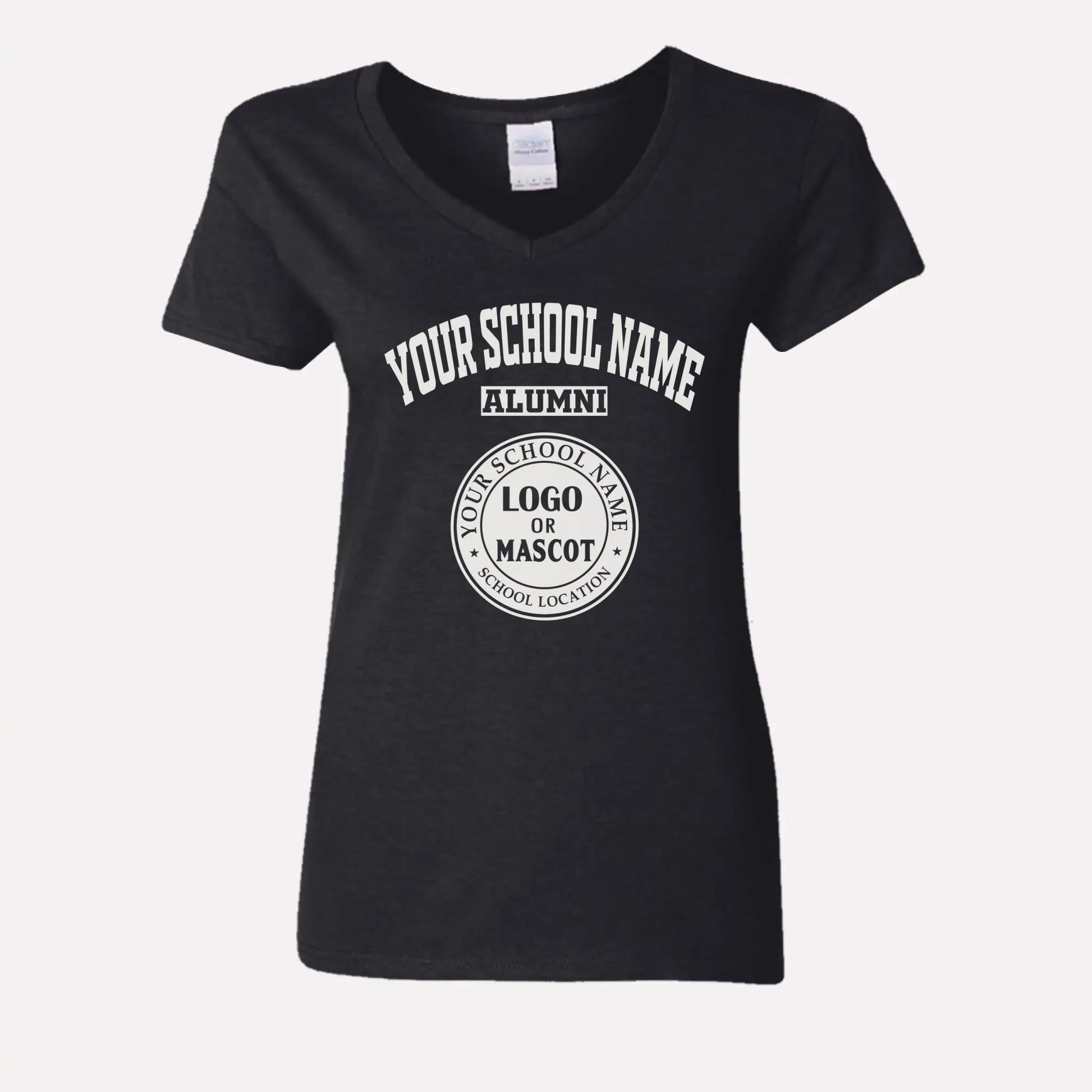 A black custom women's v-neck t-shirt for alumnae, a classic piece of college apparel