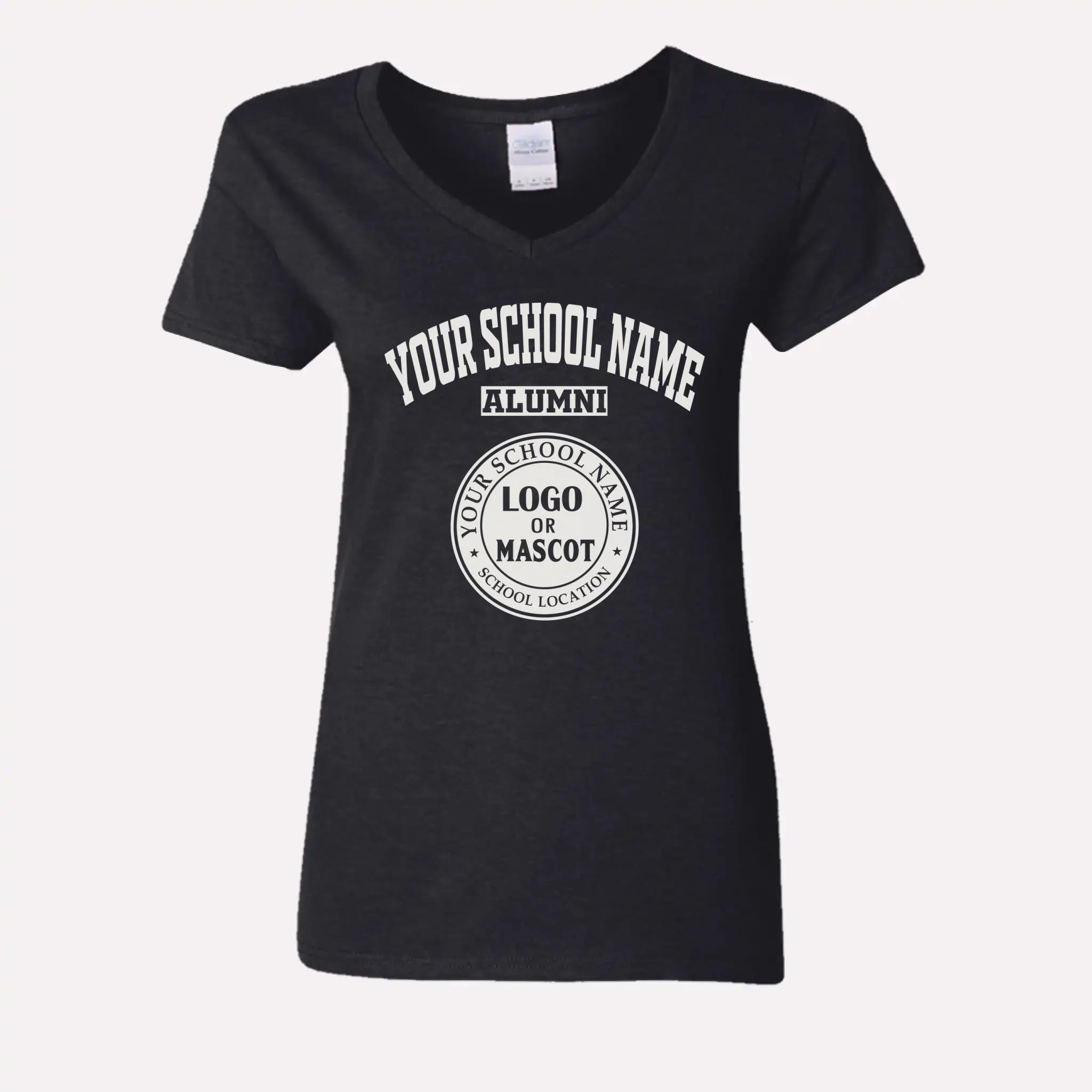 A black custom women's v-neck t-shirt for alumnae, a classic piece of college apparel