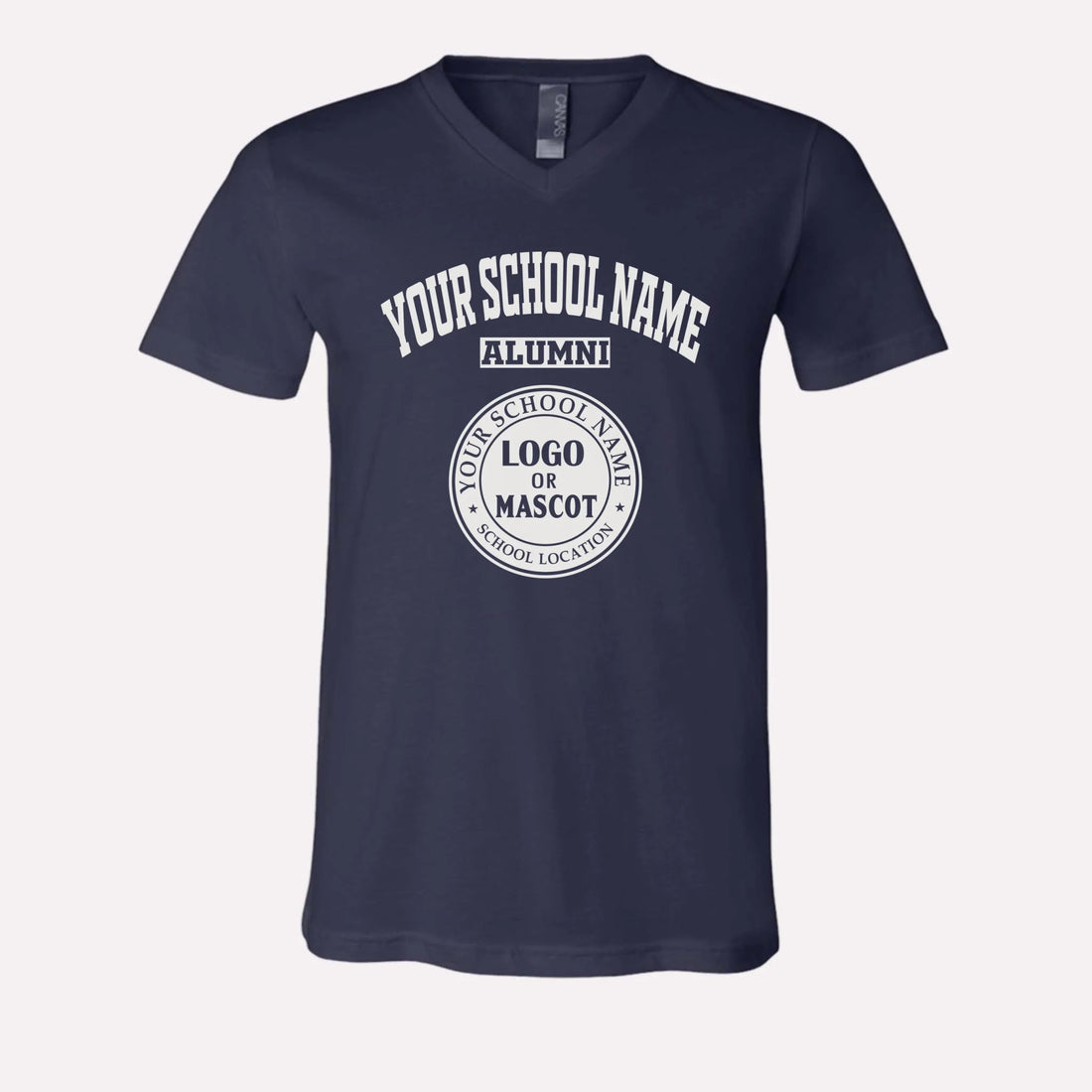 A navy blue custom v-neck t-shirt for alumni, made from ultra-soft Bella + Canvas cotton