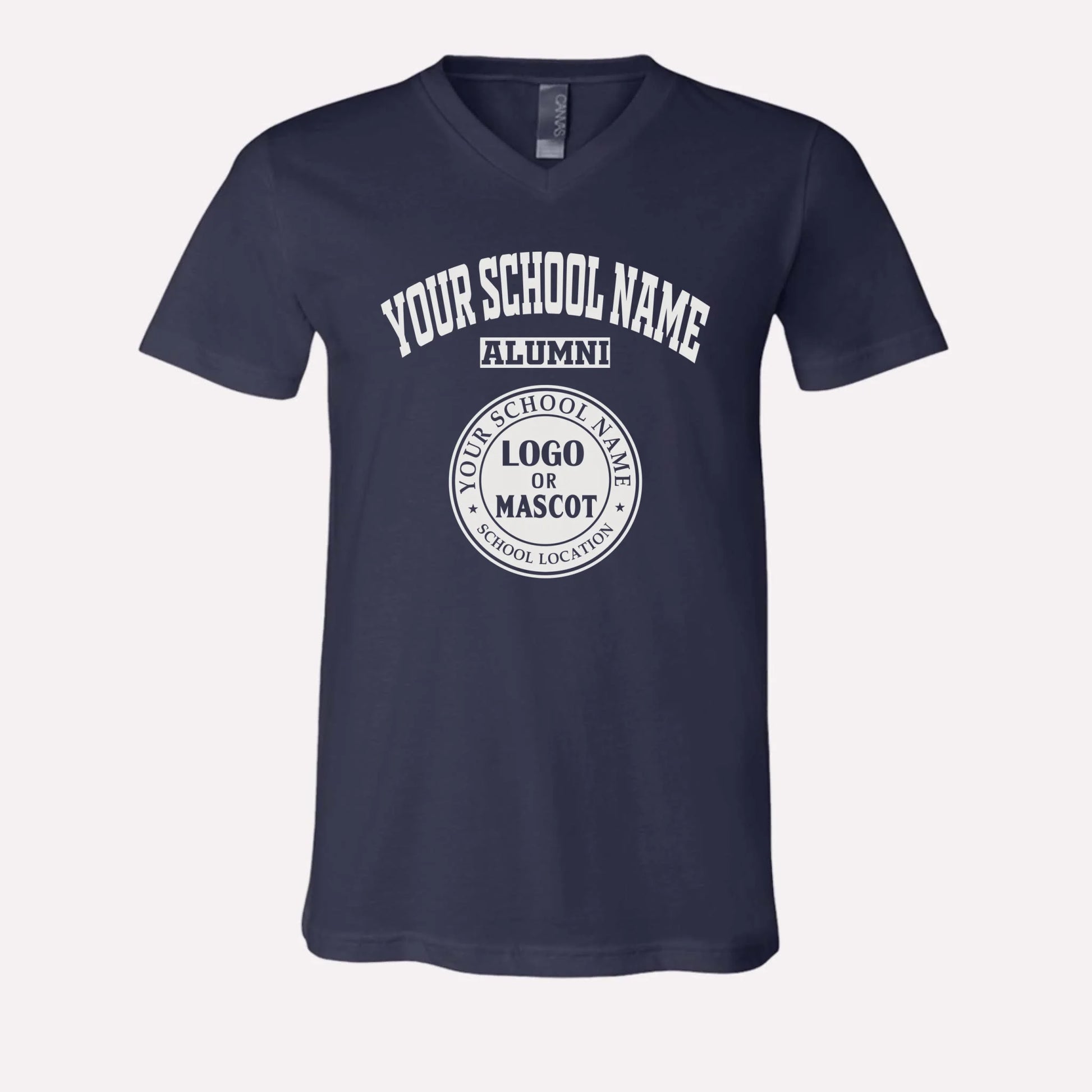A navy blue custom v-neck t-shirt for alumni, made from ultra-soft Bella + Canvas cotton