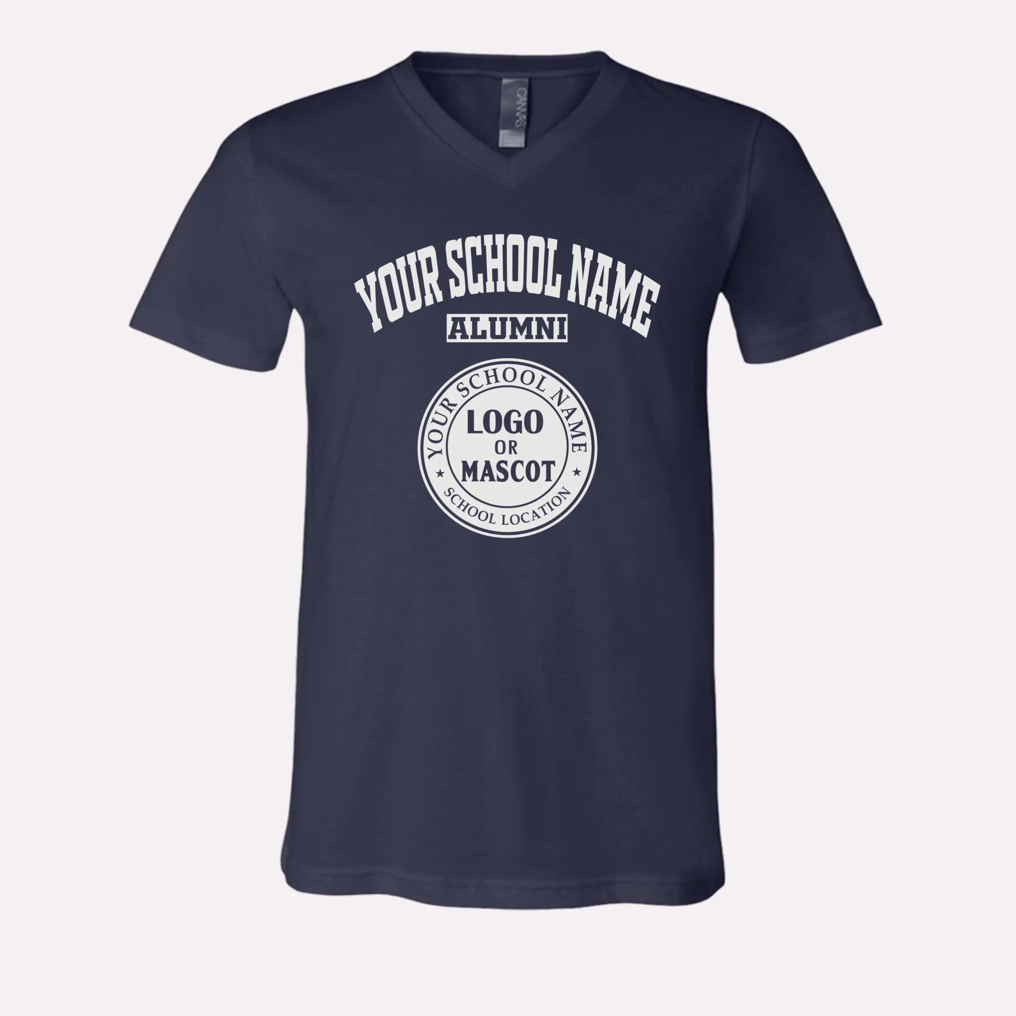 A navy blue custom v-neck t-shirt for alumni, made from ultra-soft Bella + Canvas cotton