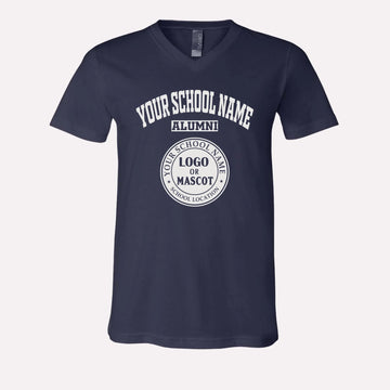 A navy blue custom v-neck t-shirt for alumni, made from ultra-soft Bella + Canvas cotton