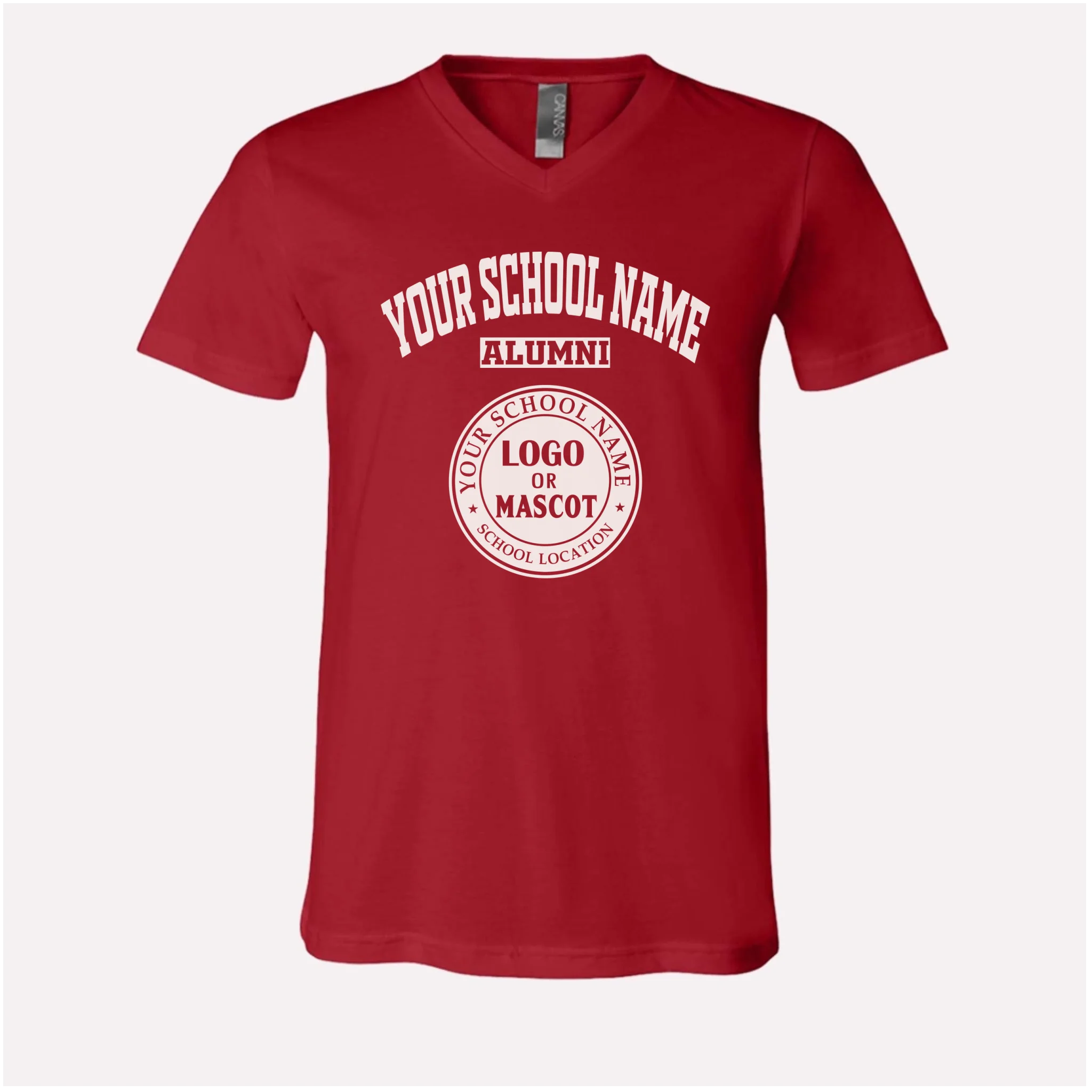 A canvas red personalized alumni v-neck tee, a stylish piece of college apparel for class reunions