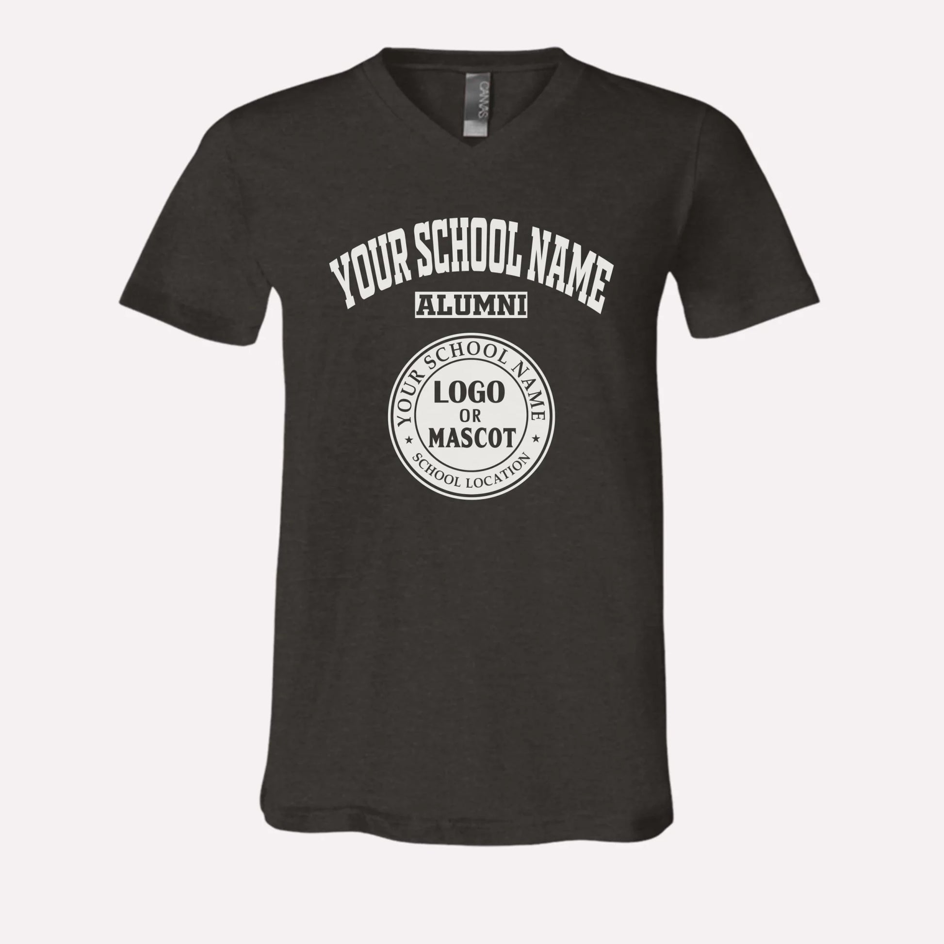 A dark grey heather v-neck t-shirt, a great piece of custom university gear for him