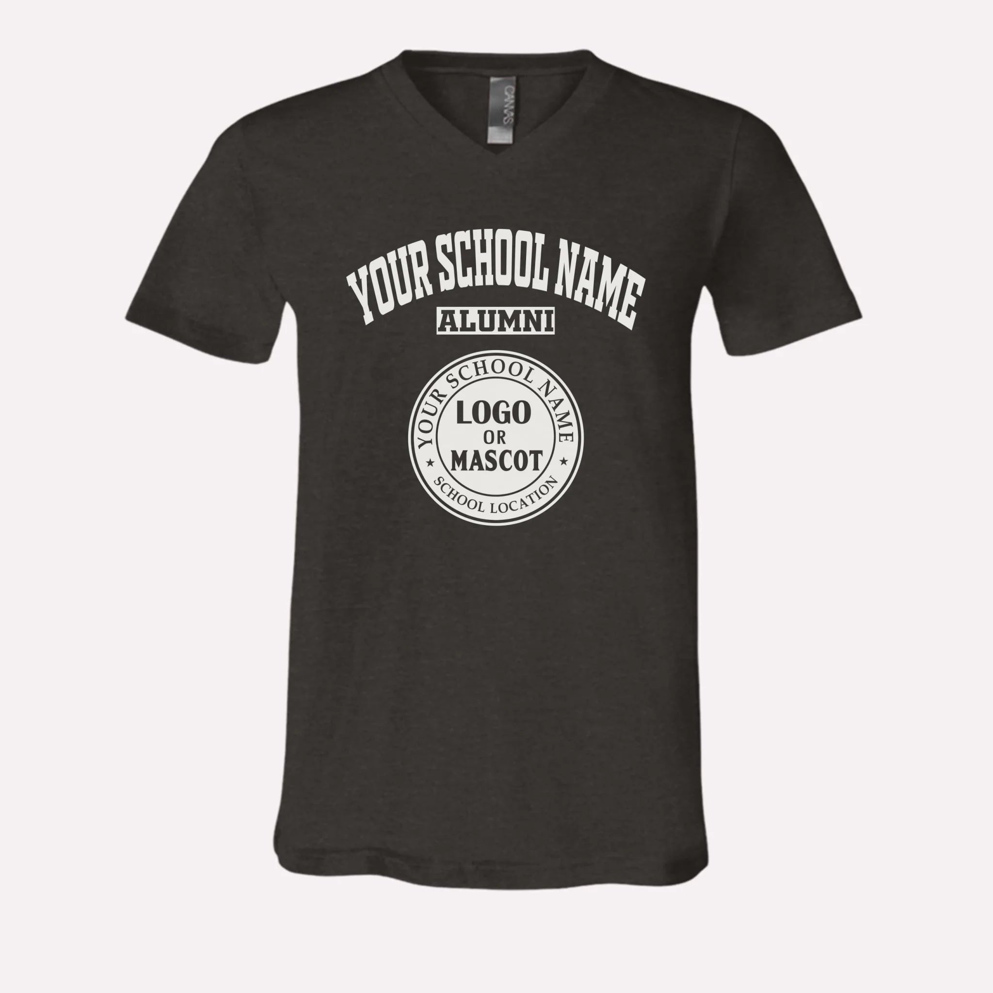 A dark grey heather v-neck t-shirt, a great piece of custom university gear for him