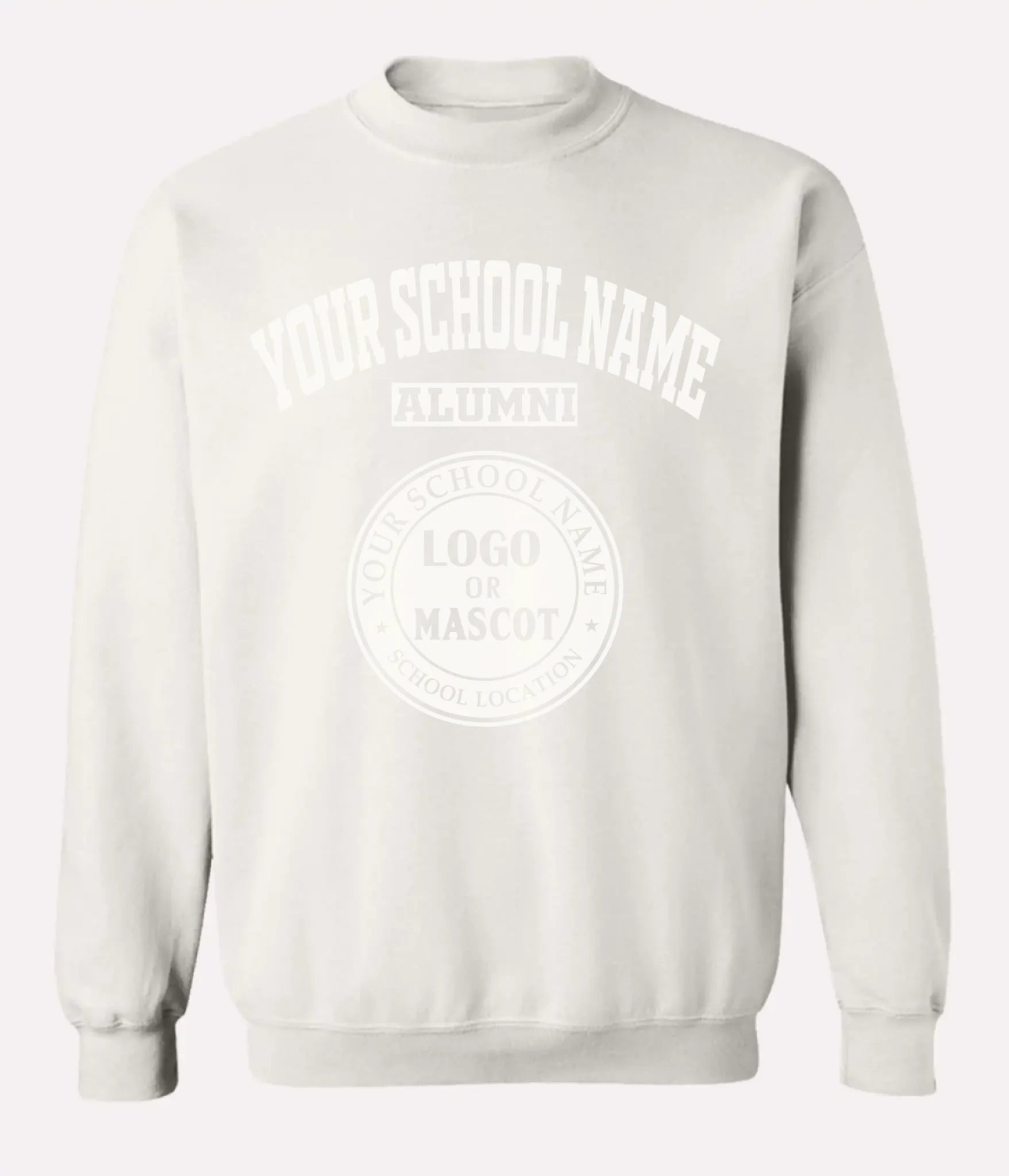 White alumni crewneck sweatshirt for custom school prints