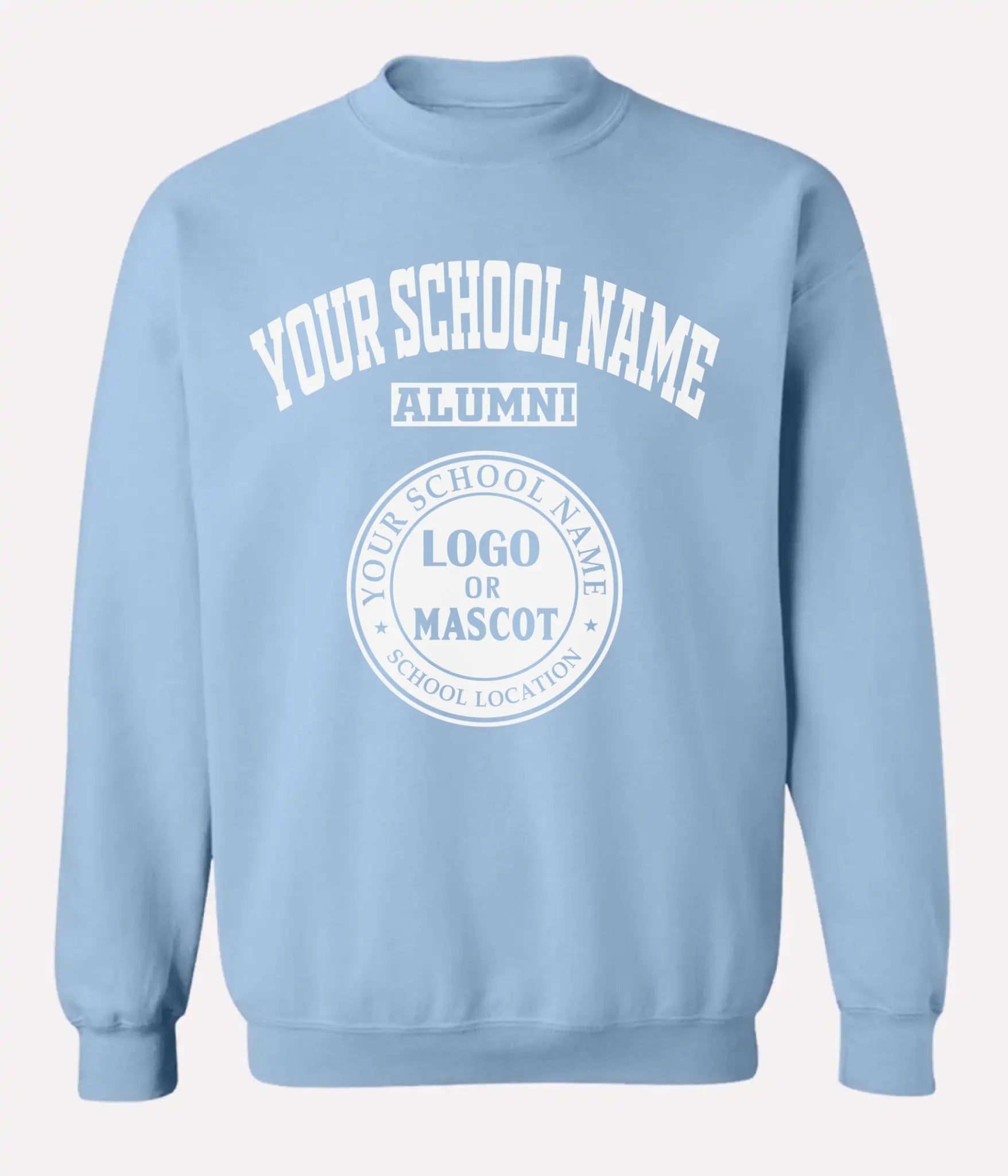 Light blue vintage-style crewneck sweatshirt for alumni