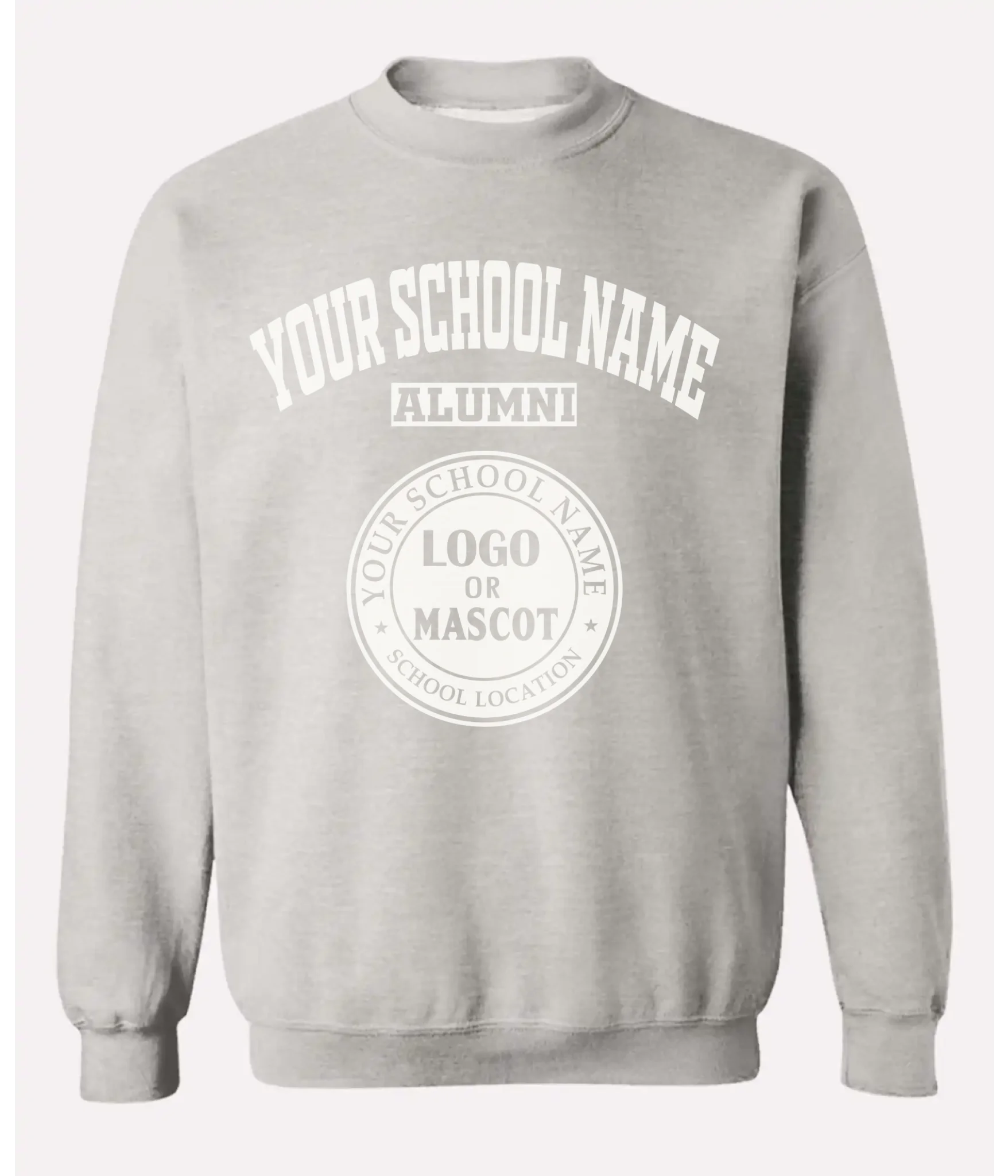 White alumni crewneck sweatshirt for custom school prints